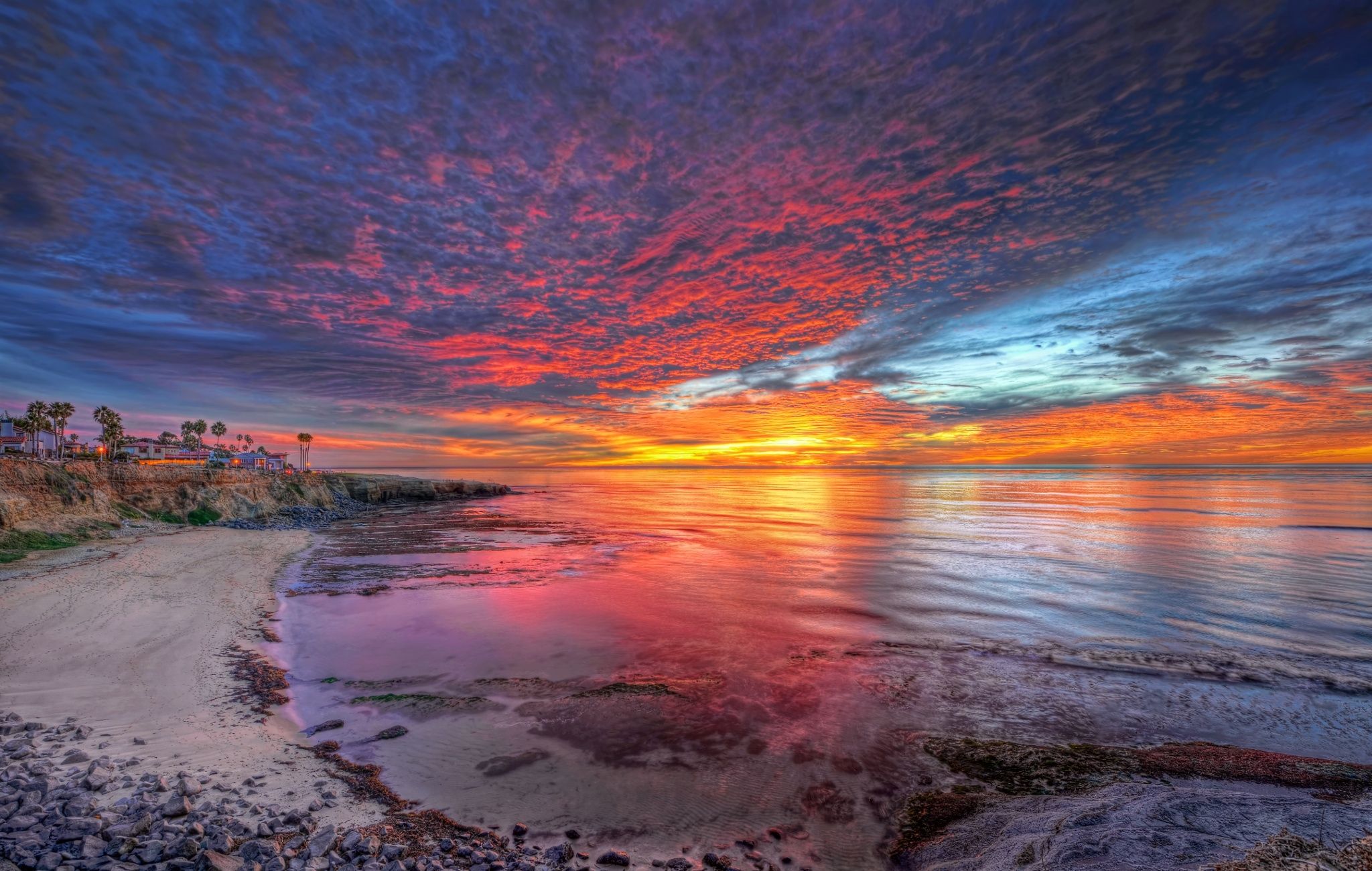 red, orange, sea, rocks, sunset, blue, sky, colors, sand, yellow