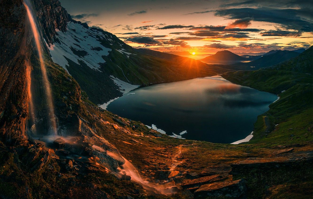 Wallpaper Sunset, Sunrise, Mountains, Norway, Northern, Lake