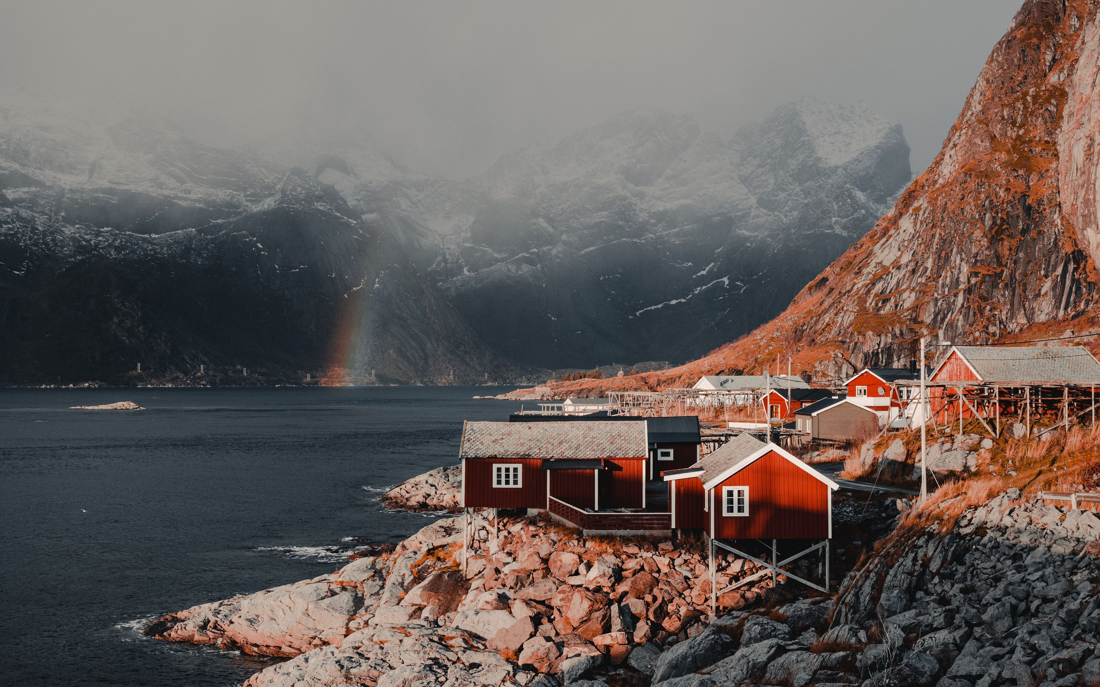 Download wallpaper 3840x2400 houses, mountains, fog, rainbow