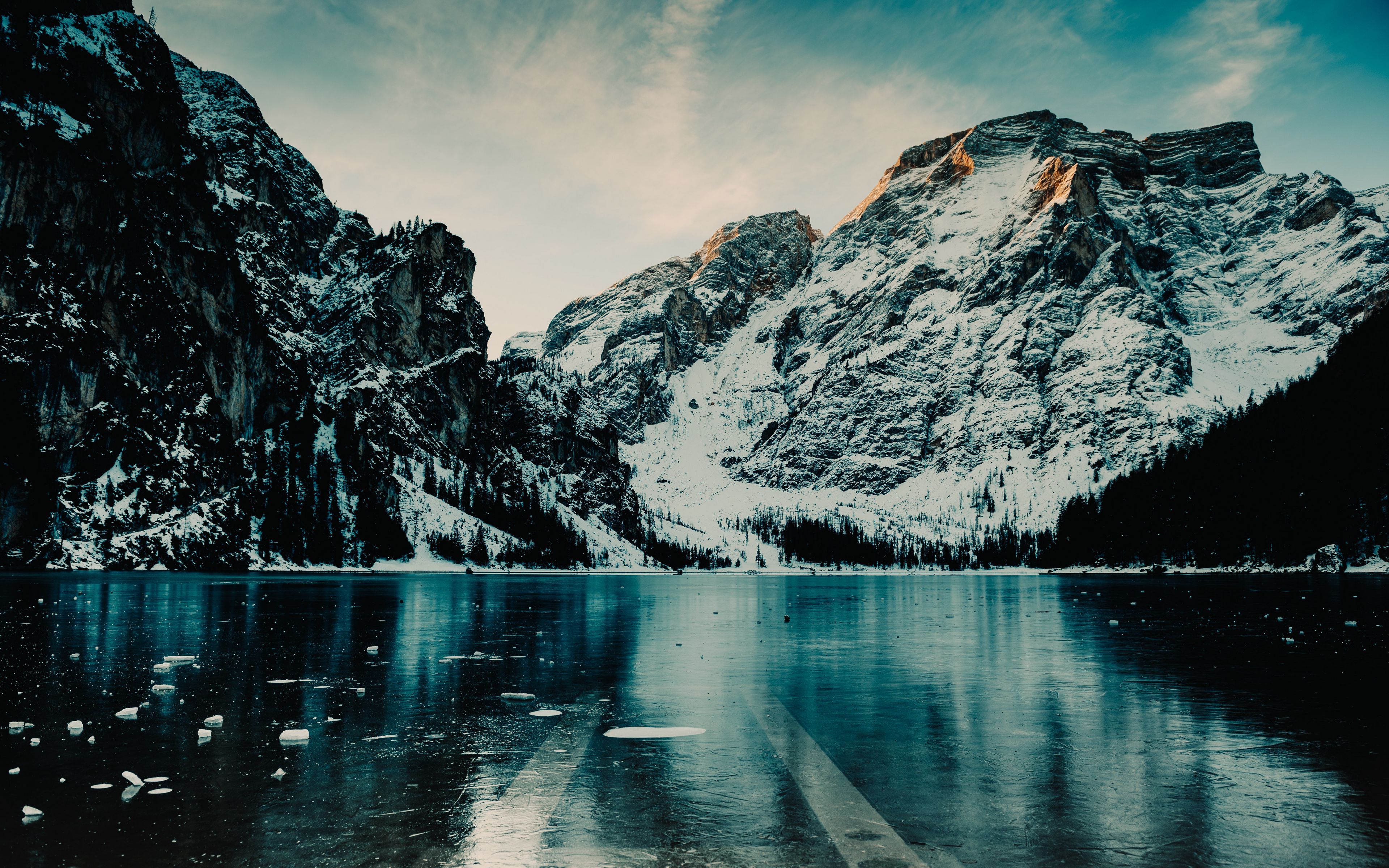 Download wallpaper 3840x2400 mountains, lake, ice, snow, italy 4k