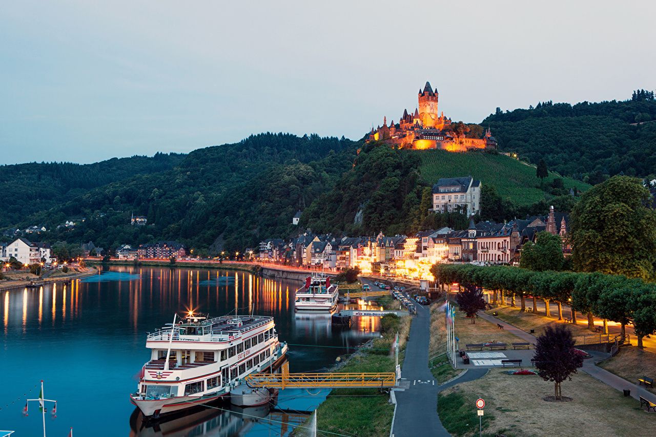 Desktop Wallpaper Riverboat Germany river Cochem night time Cities