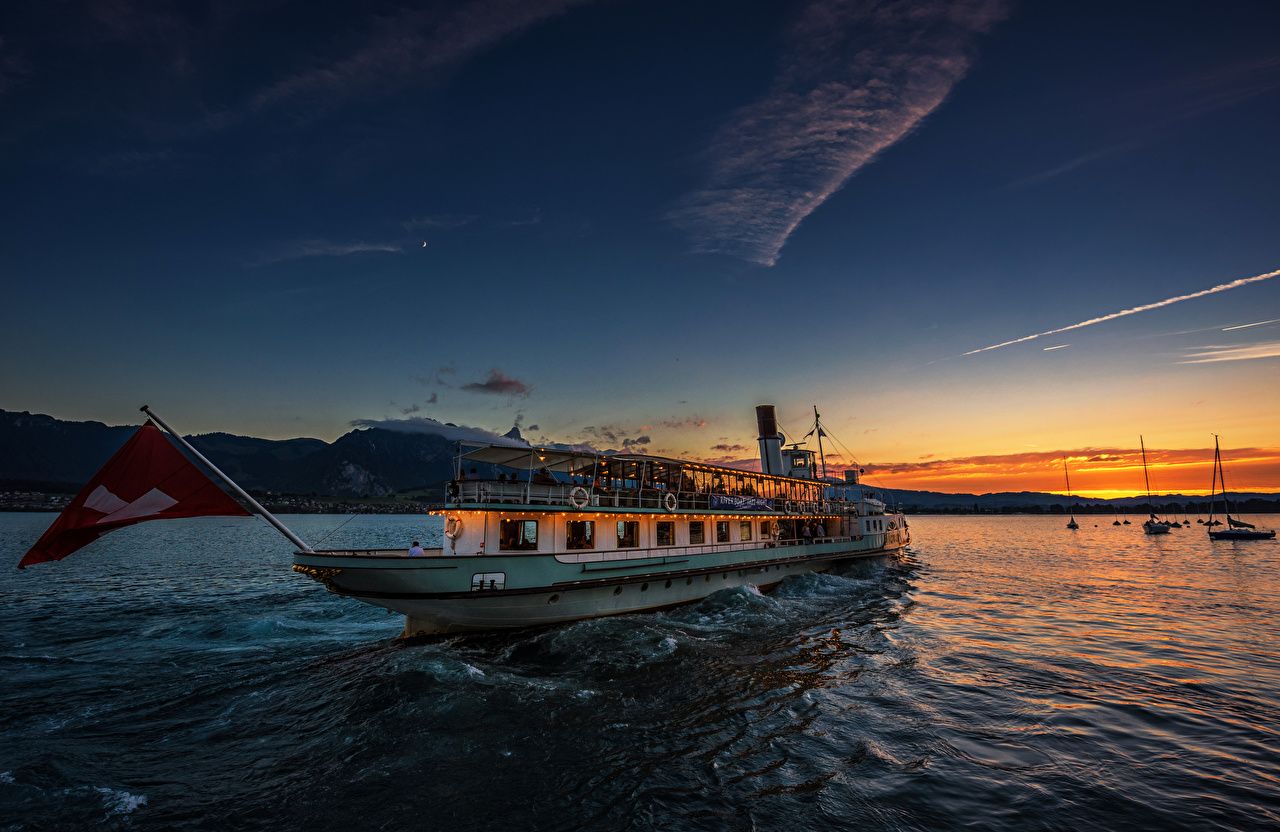 Desktop Wallpaper Switzerland Lake Thun Nature Ships Riverboat