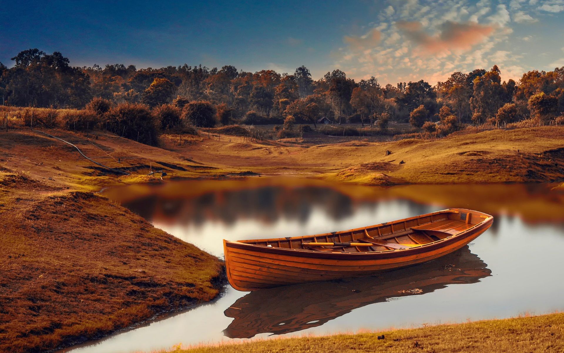 Wallpaper Dusk, trees, river, boat 1920x1200 HD Picture, Image