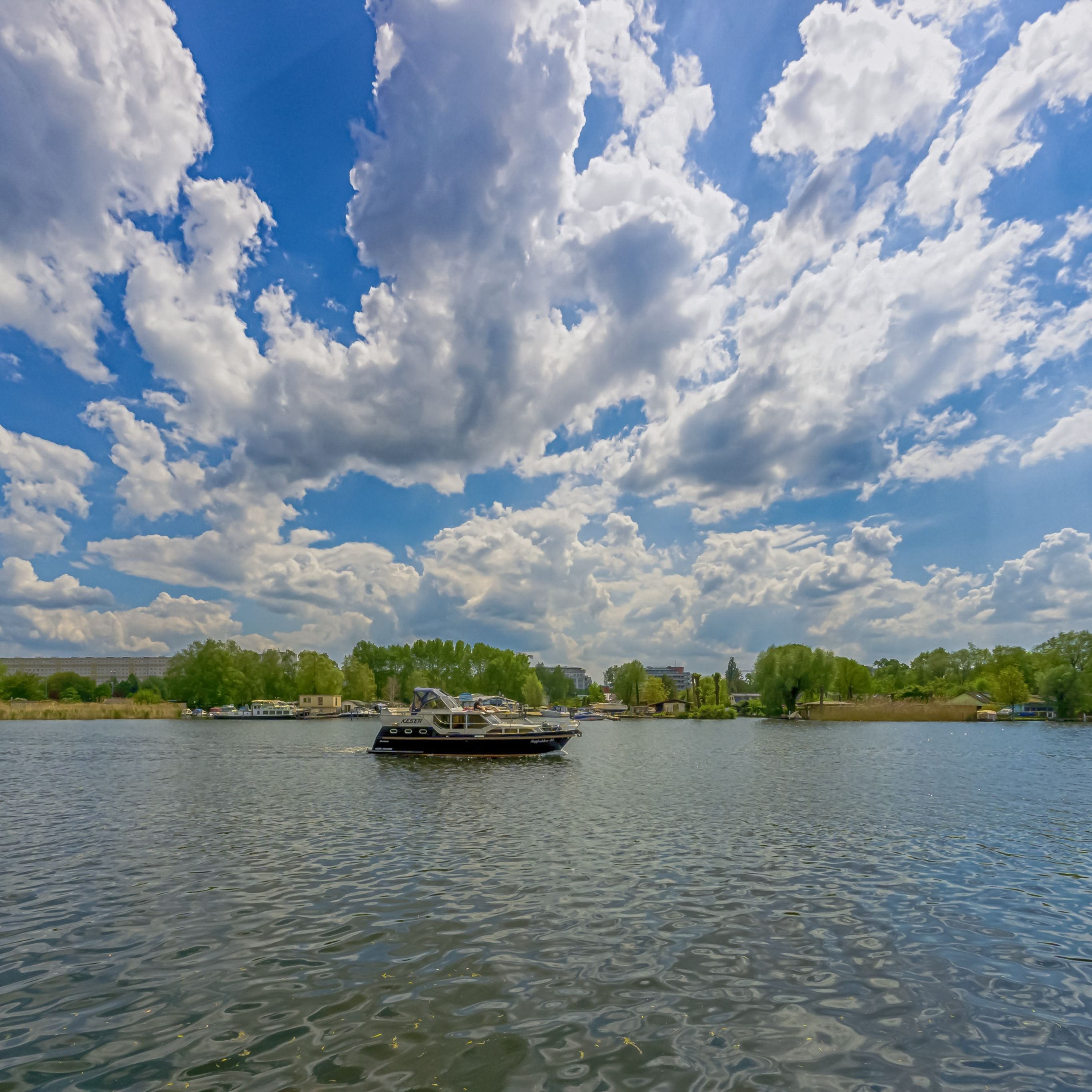 Berlin Koepenick River Boat Sky Clouds iPad Pro Wallpaper Free