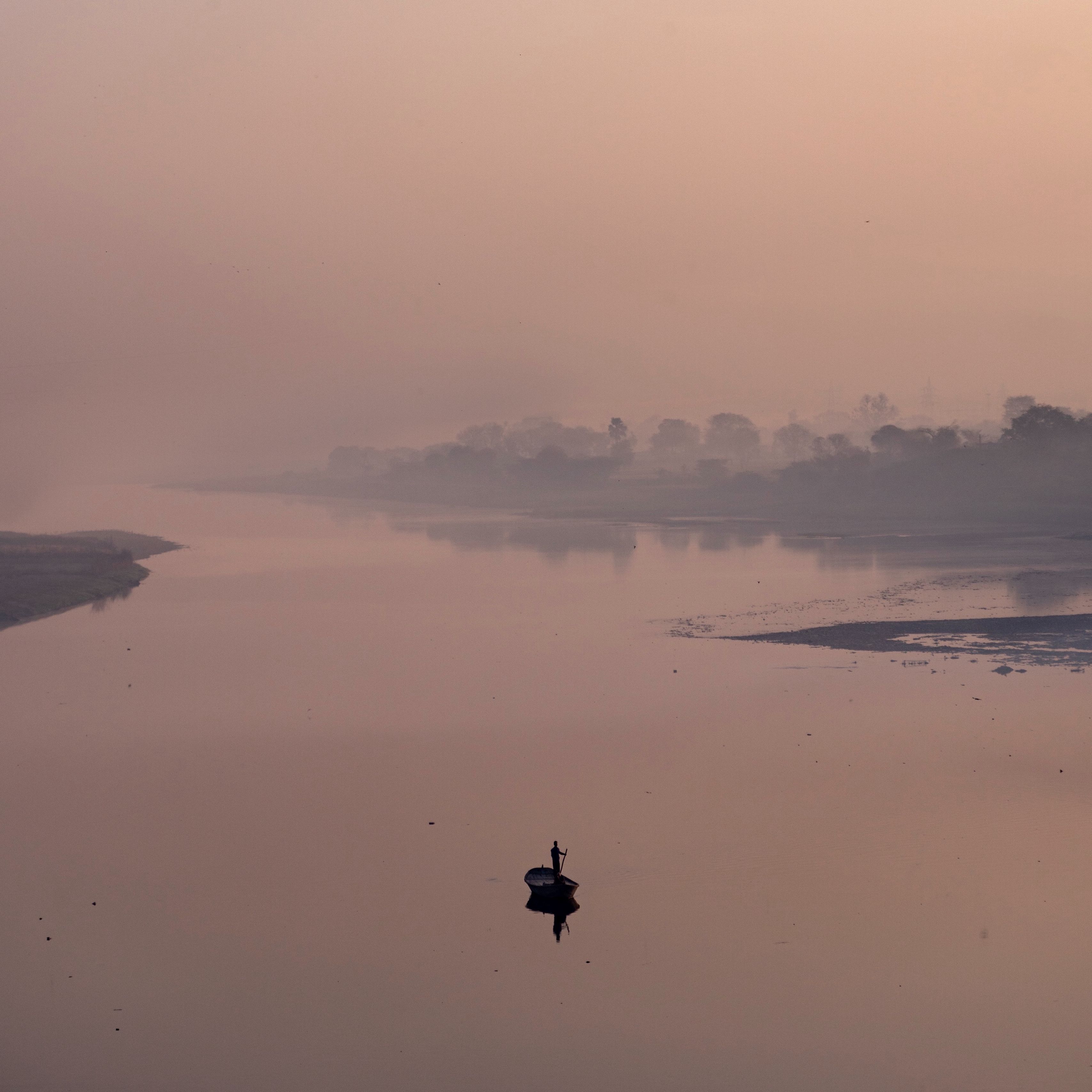 Download wallpaper 3415x3415 river, boat, fog, silence, windless