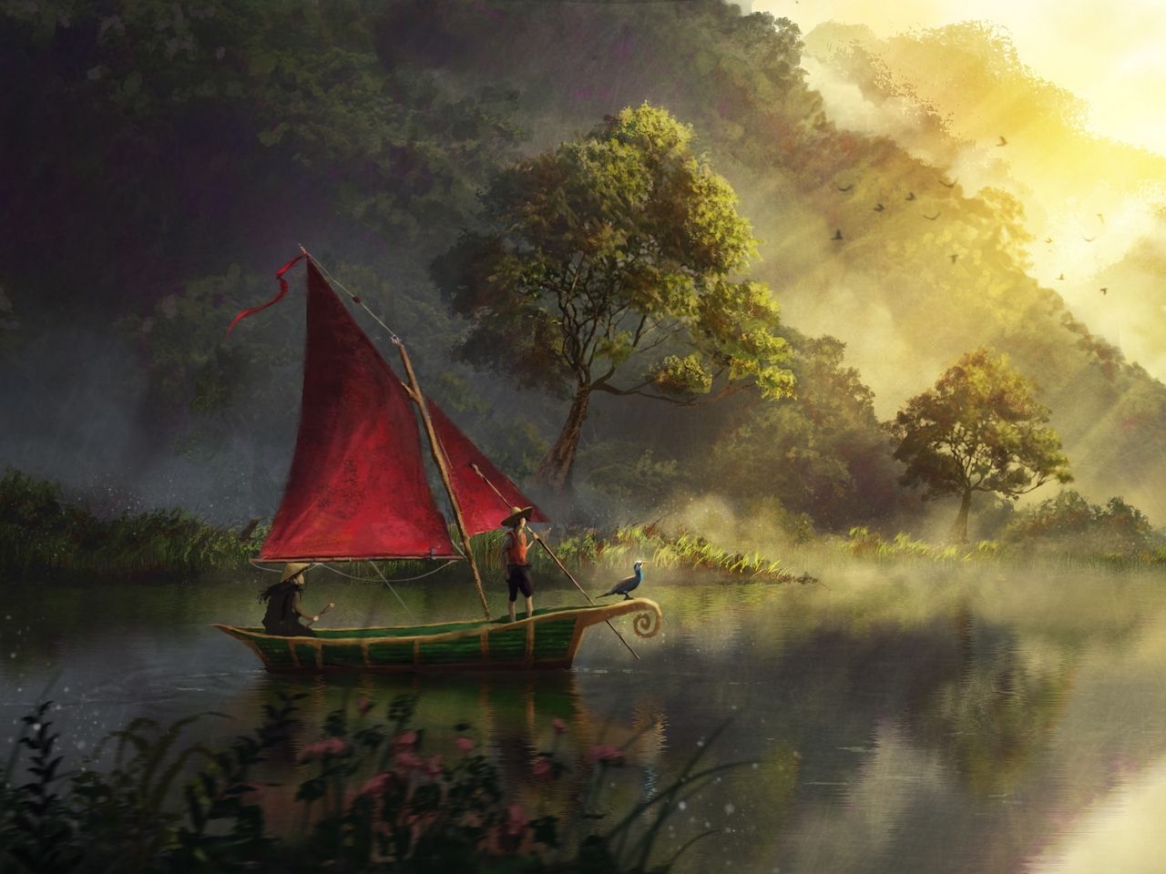 Wallpaper Boat, River, Art, Fog, Dawn Boat Art Fantasy