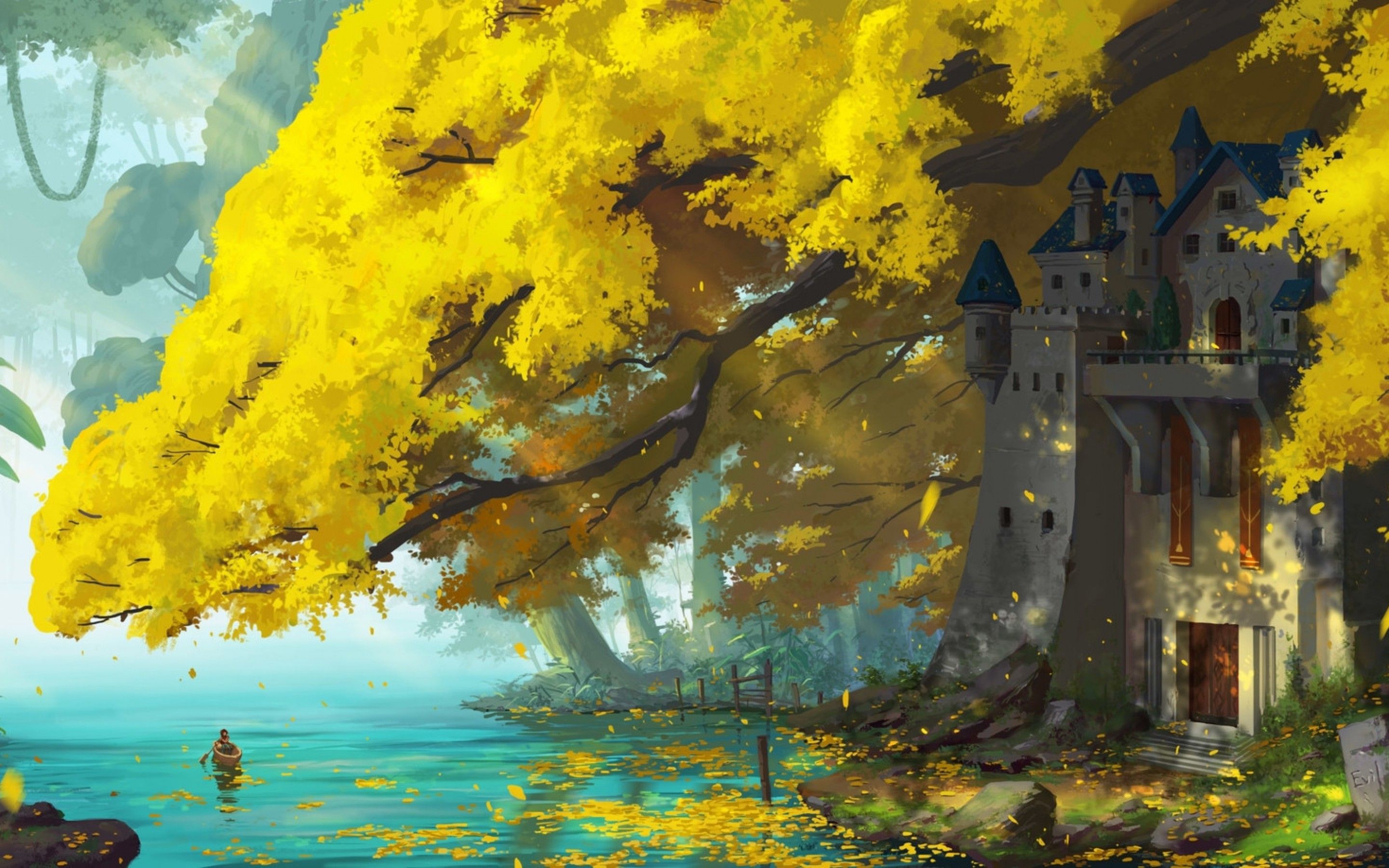 Download 2880x1800 Fantasy Castle, Forest, River, Boat, Landscape
