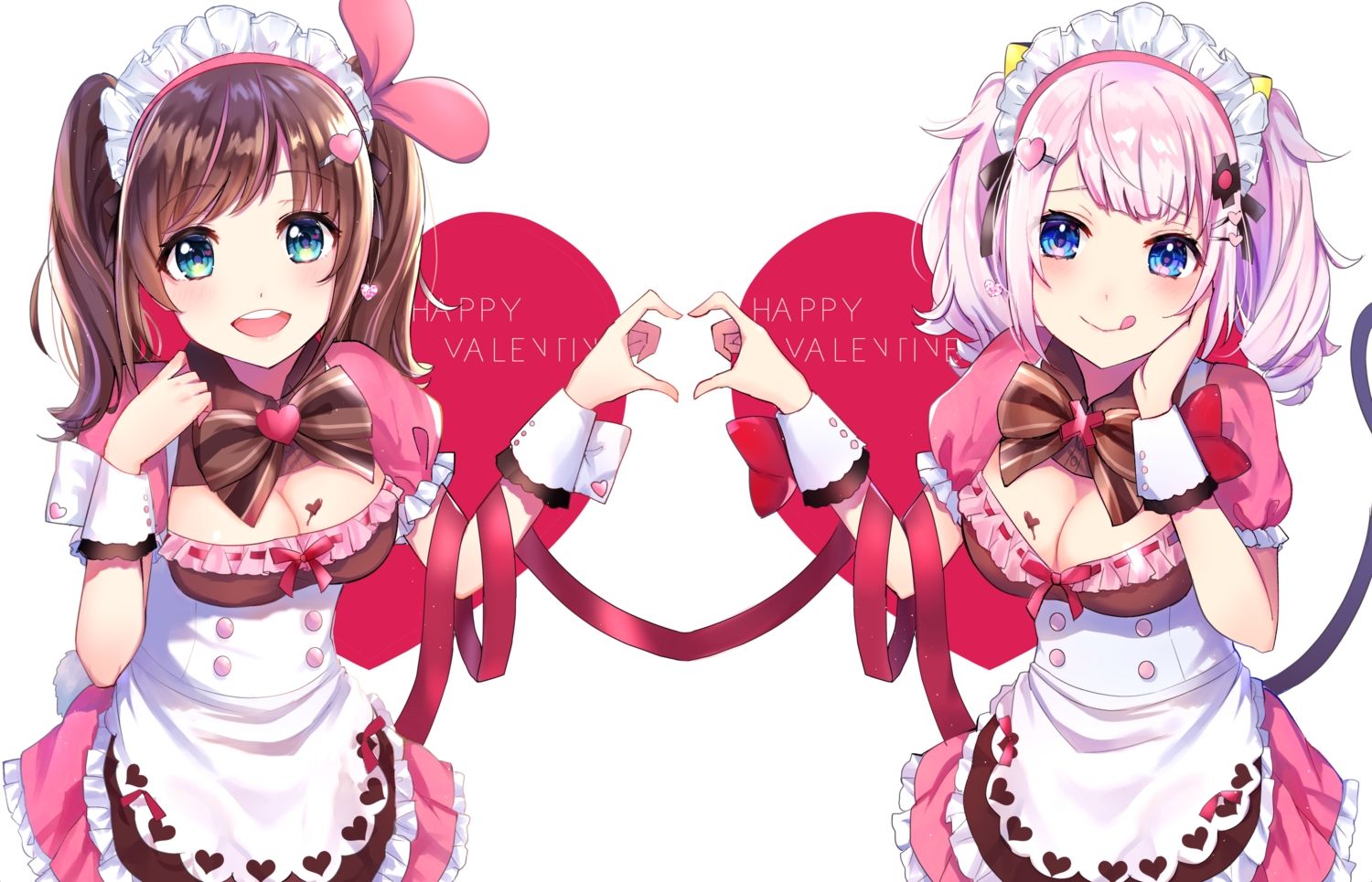 2girls a.i. channel bow breasts brown hair cleavage dress green