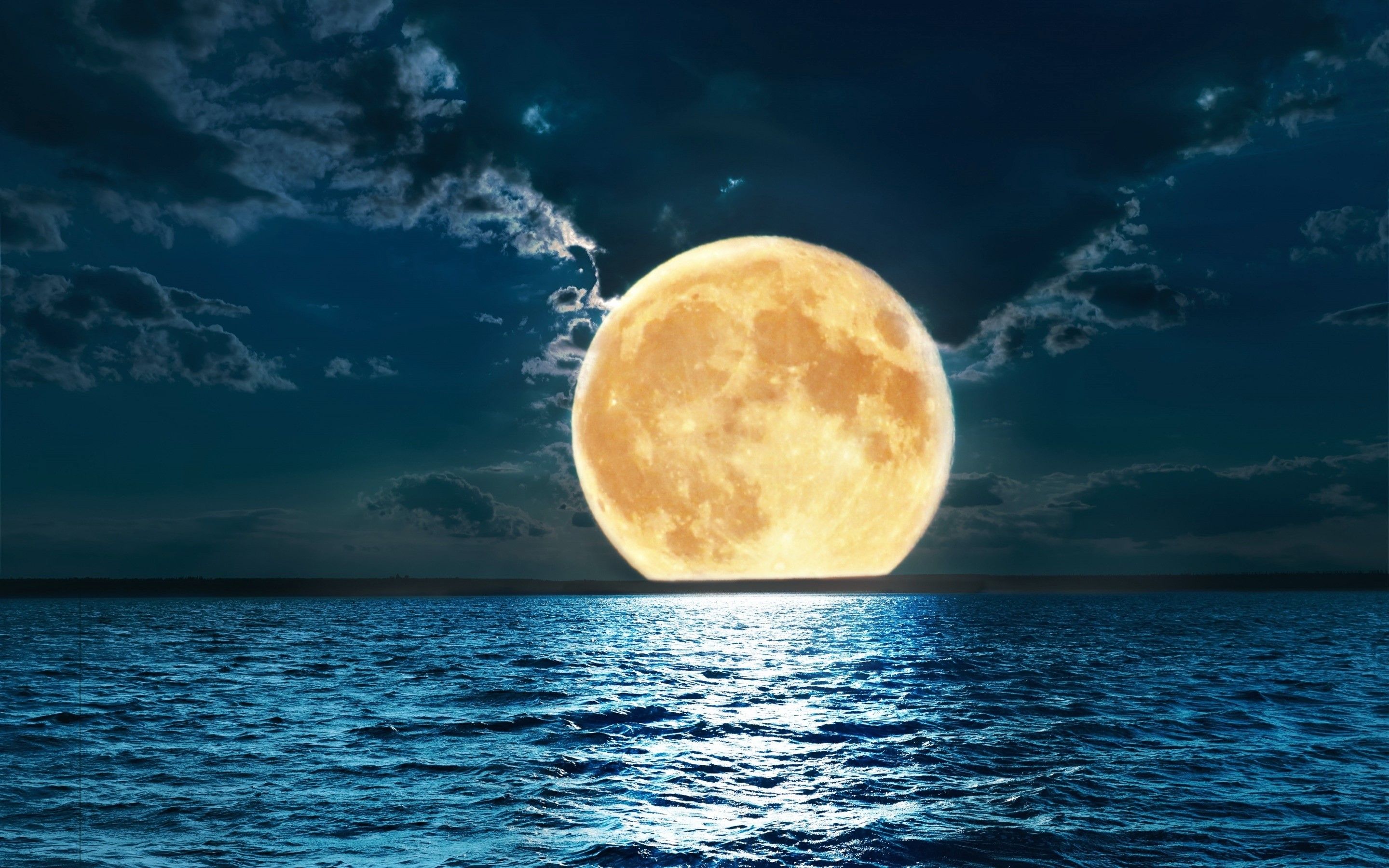 Ocean On Full Moon Night HD Wallpaper