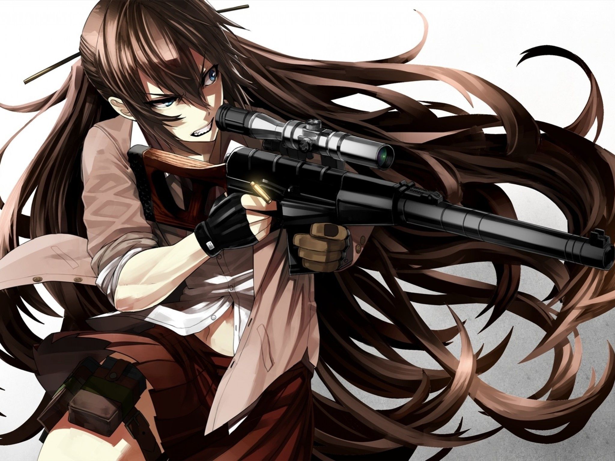Download 2048x1536 Anime Girl, Sniper, Angry Expression, Long Hair