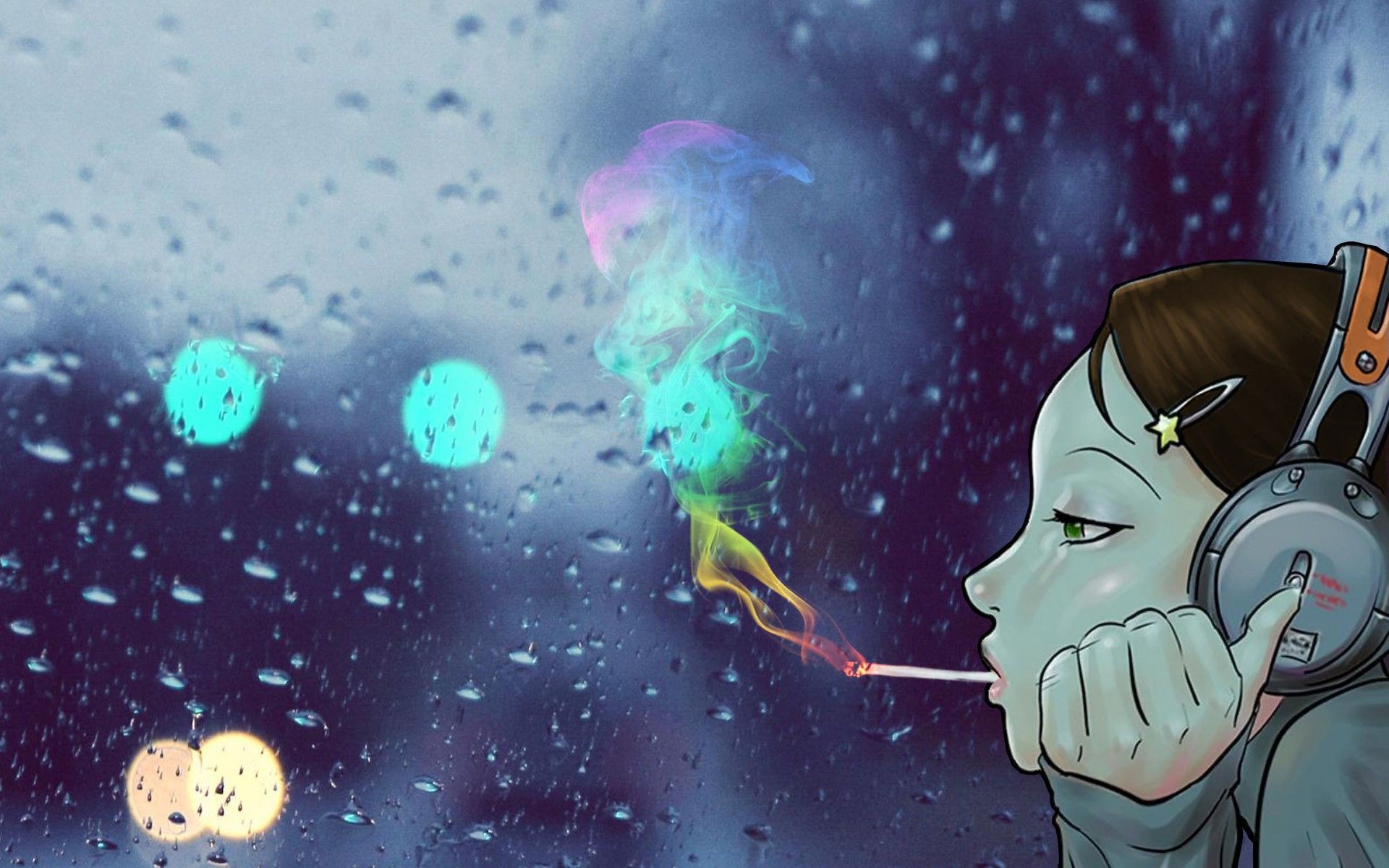 Headphones smoking smoke headphones girl smokes rain on glass