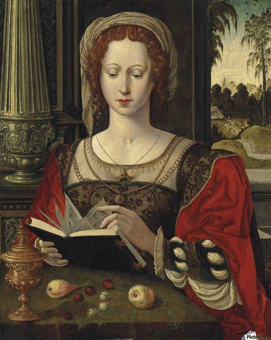 Saint Mary Magdalene reading, at a table Coecke van Aelst