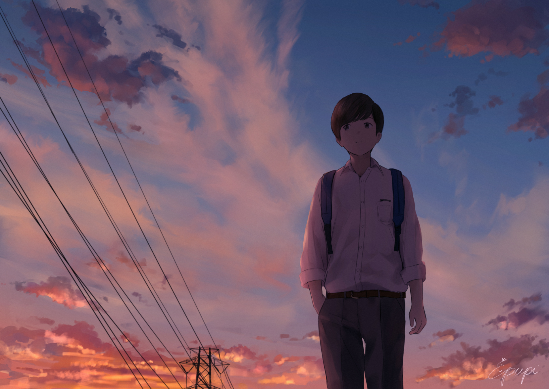Download 1906x1350 Anime Boy, Sky, Walking, School Uniform, Scenic