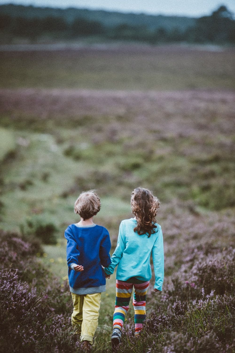boy and girl holding each others hand while walking on field photo