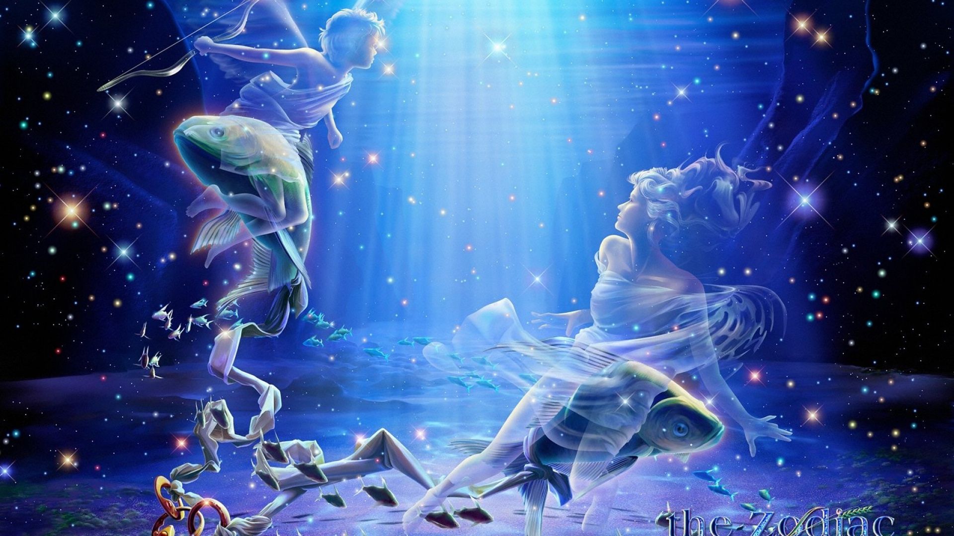 Download Wallpaper 1920x1080 zodiac, sign, fishes, girl, stars