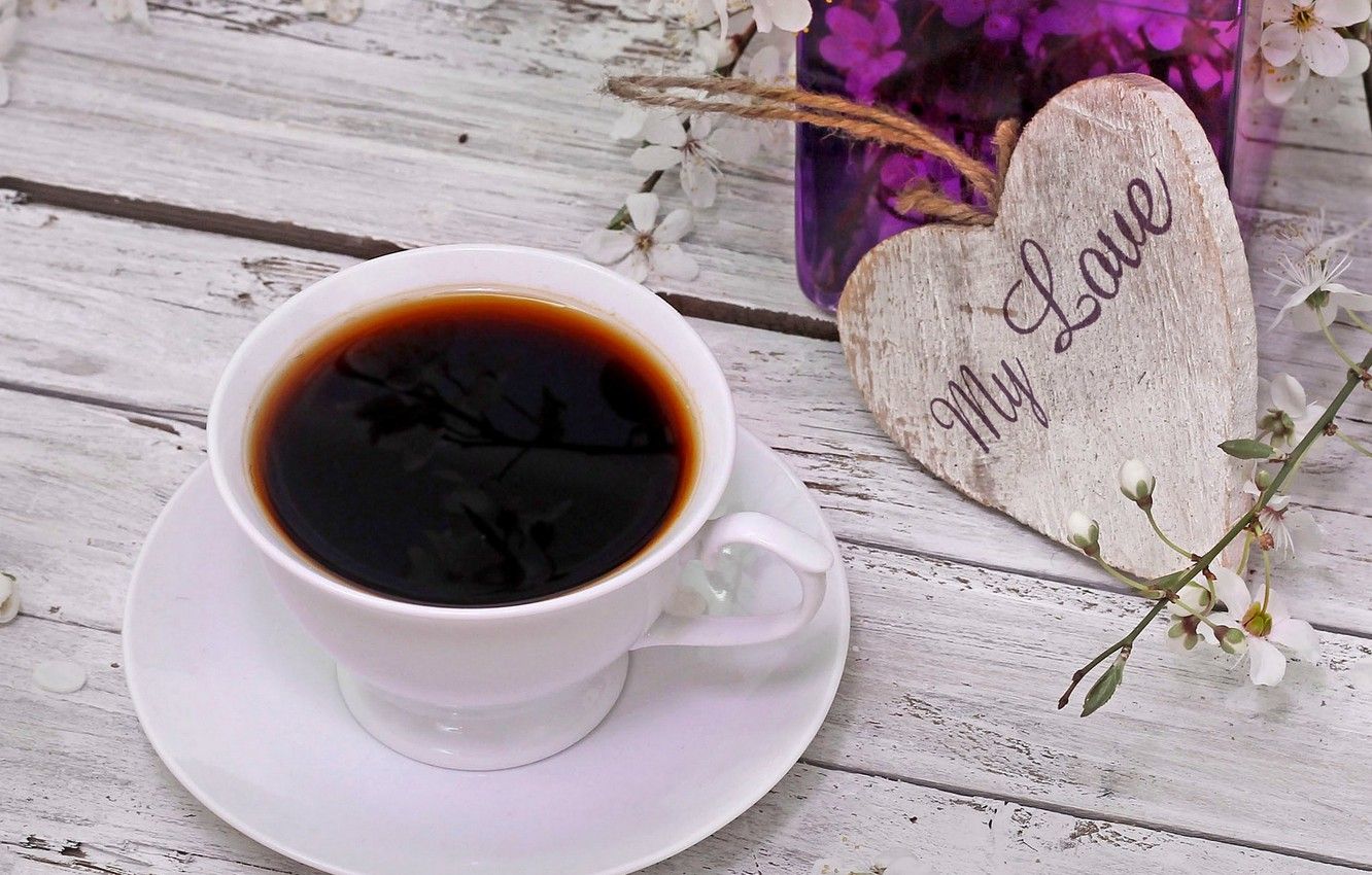 Wallpaper love, heart, flowers, cup, spring, coffee image