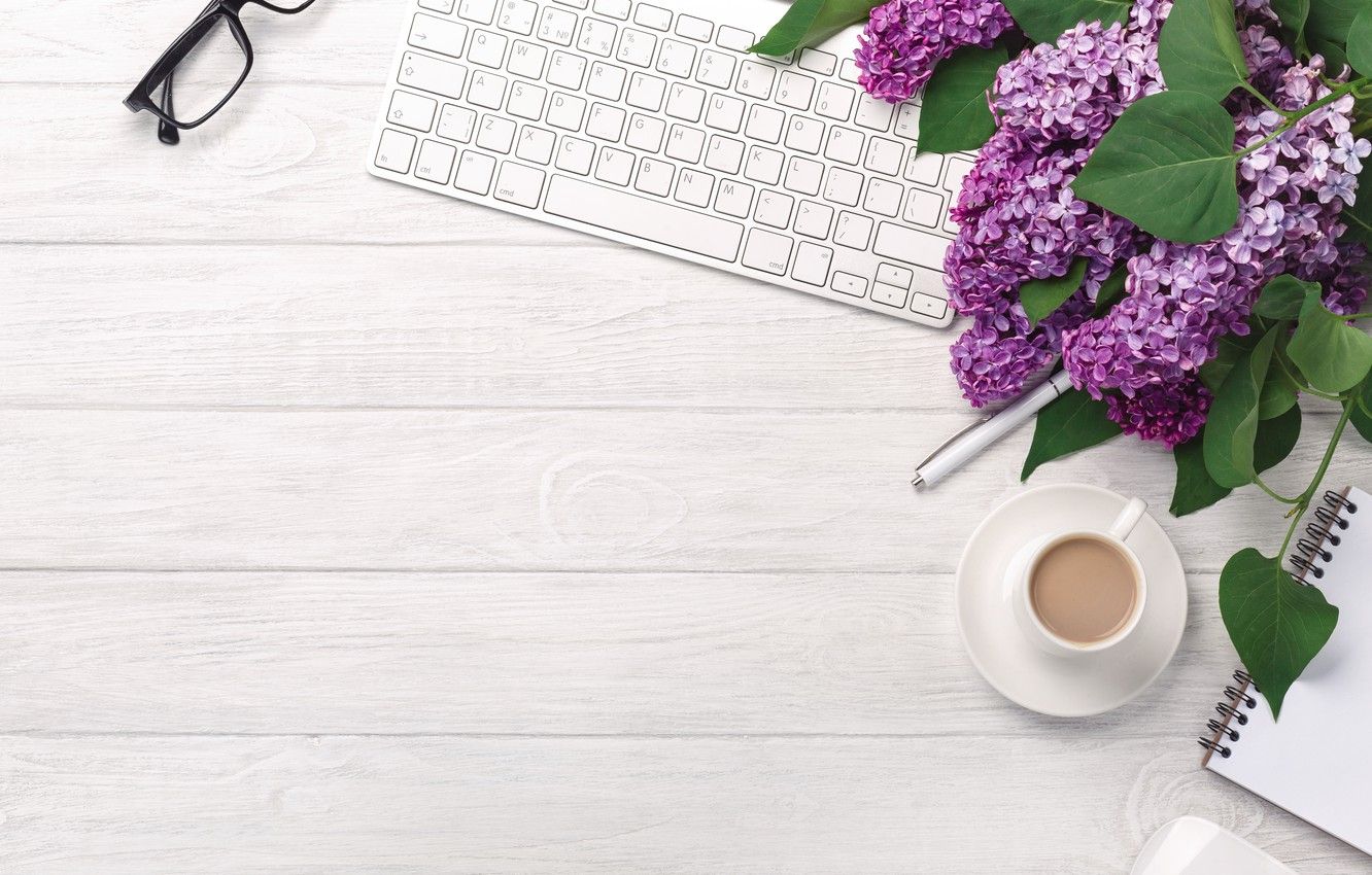Wallpaper flowers, coffee, spring, glasses, Cup, keyboard, lilac