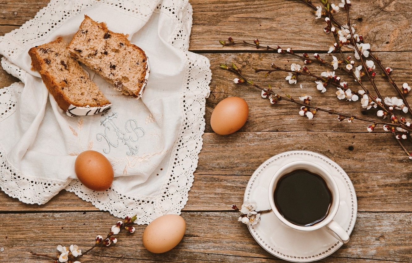 Wallpaper flowers, branches, coffee, eggs, Easter, Cup, cake, wood