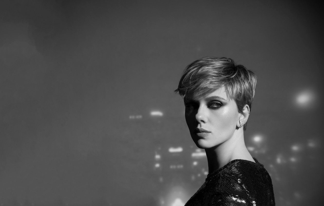 Wallpaper black & white, Scarlett Johansson, short hair, actress