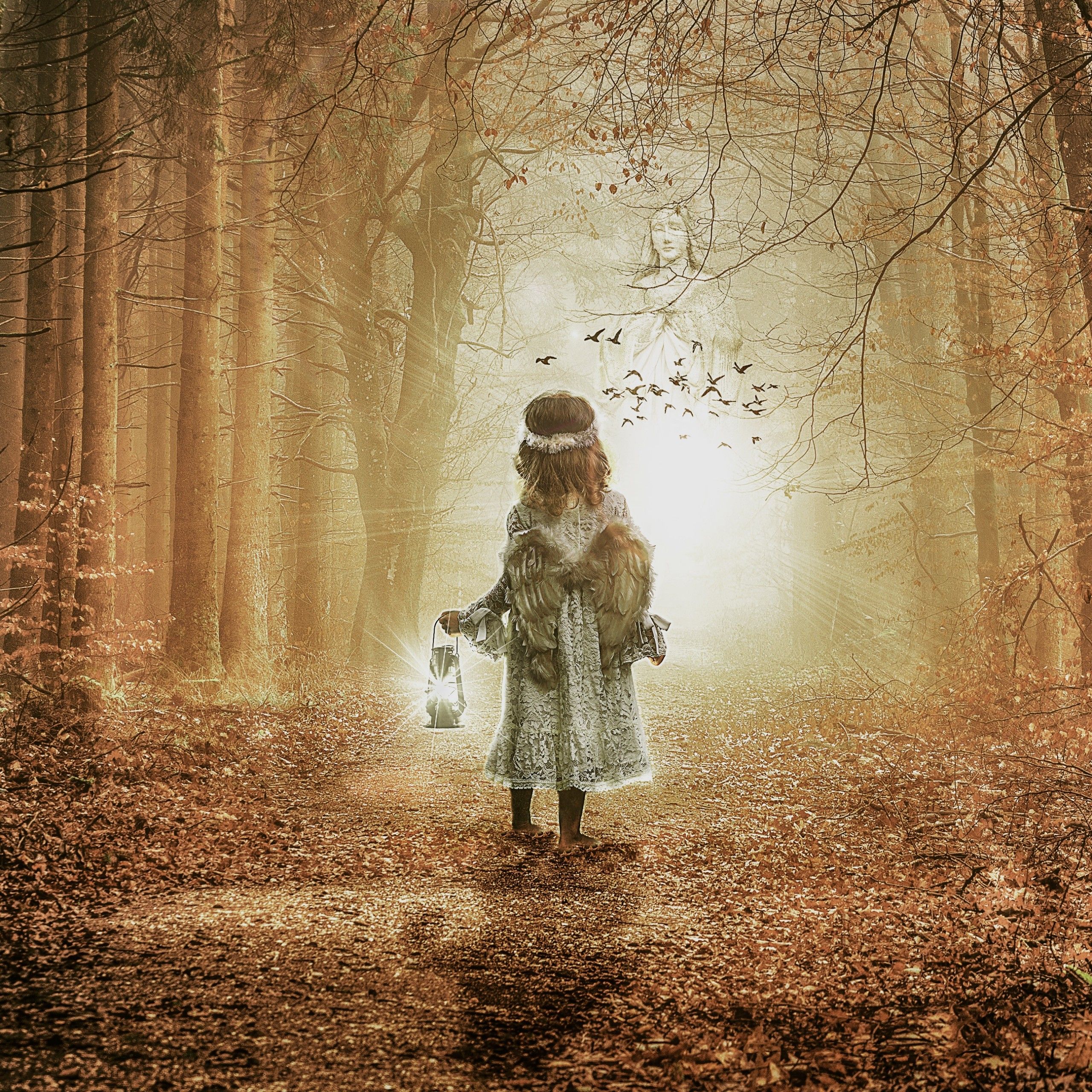 Wallpaper Girl, Child, Alone, Autumn, Leaves, Angel wings, Fairy