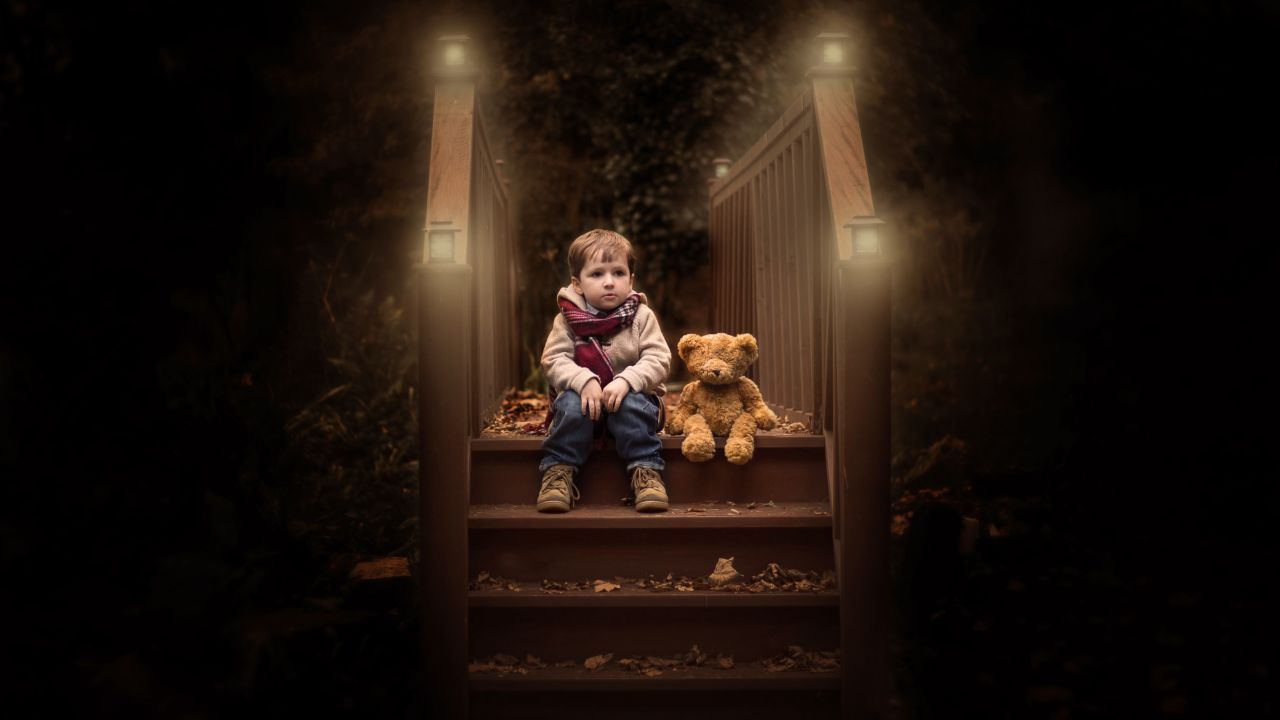 Wallpaper Cute boy, Teddy bear, Wood, Autumn, Foliage, Lights