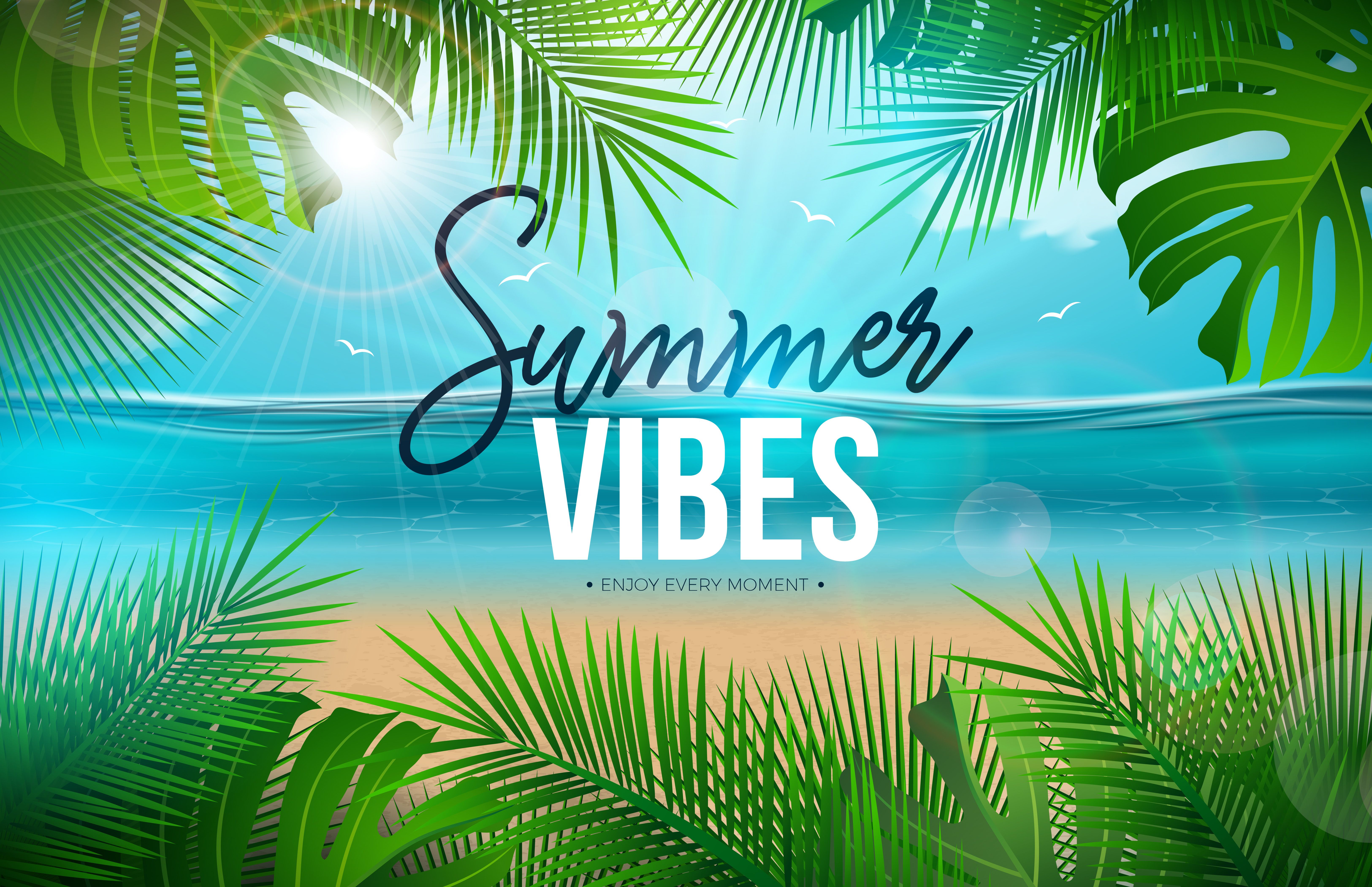 Vector Summer Vibes Illustration with Palm Leaves and Typography
