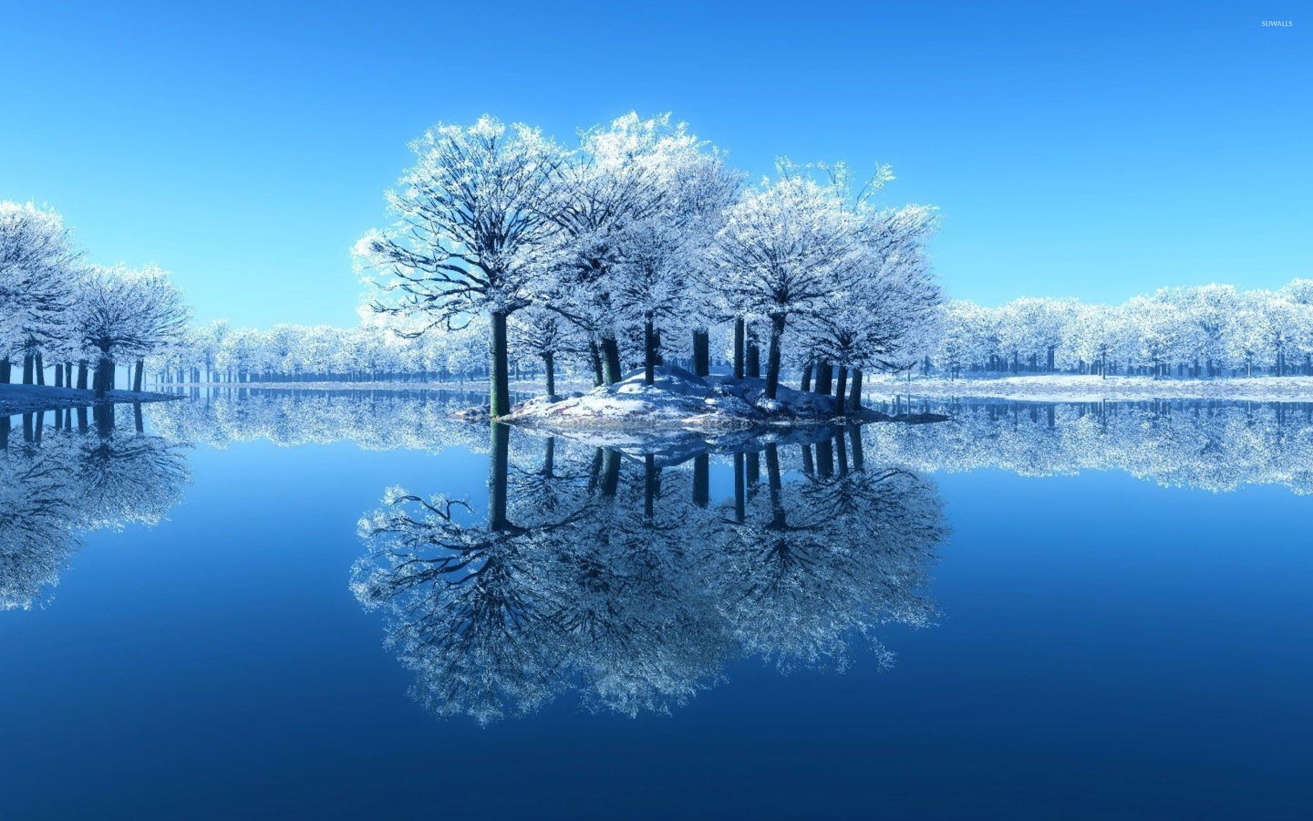 Lake reflecting the frosty trees wallpaper wallpaper