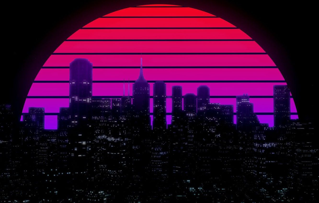 Wallpaper The sun, Night, Music, The city, Star, Building, Background, 80s, Neon, 80's, Sy. Aesthetic desktop wallpaper, Aesthetic wallpaper, Cityscape wallpaper