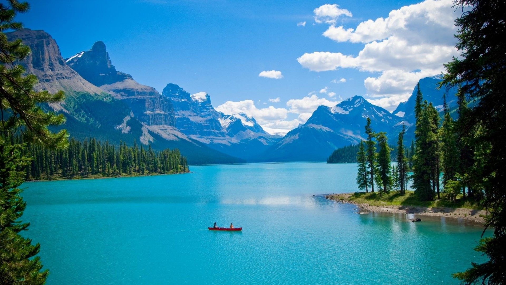 Download Wallpaper tree lake canada mountains boat alberta malin