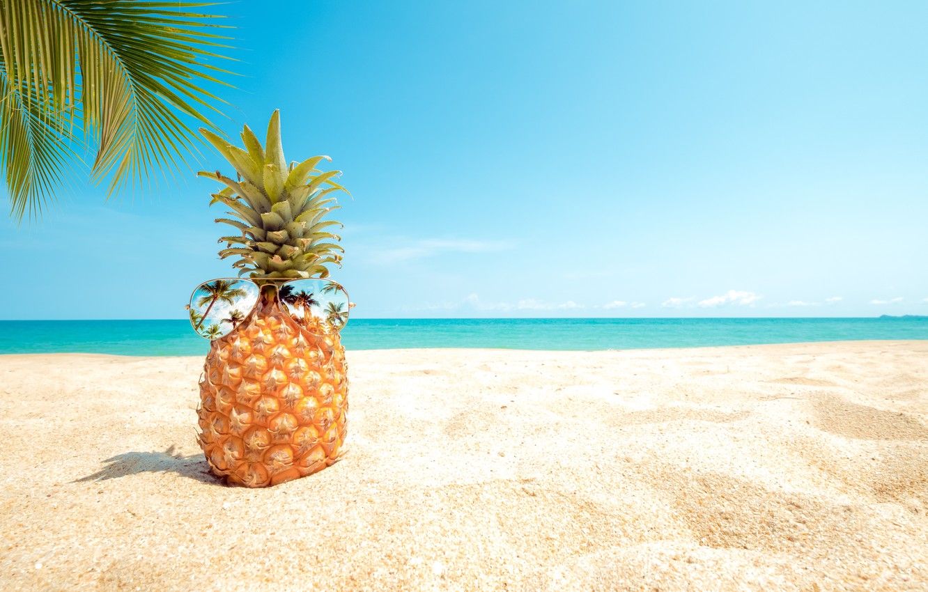 Wallpaper sand, sea, beach, summer, the sky, palm trees, stay, shore, glasses, summer, pineapple, beach, vacation, sea, seascape, sand image for desktop, section настроения