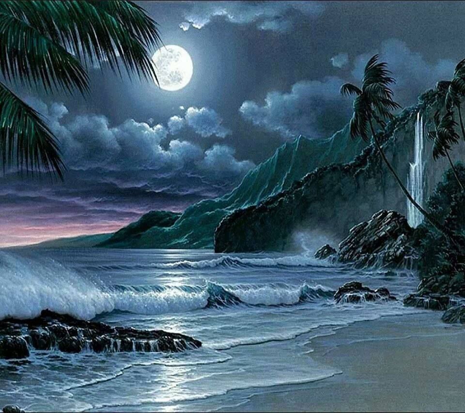 Moon over beach waves