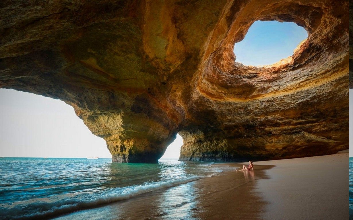 nature, Landscape, Sea, Cave, Beach, Sand, Women Outdoors, Erosion, Portugal, Summer Wallpaper HD / Desktop and Mobile Background