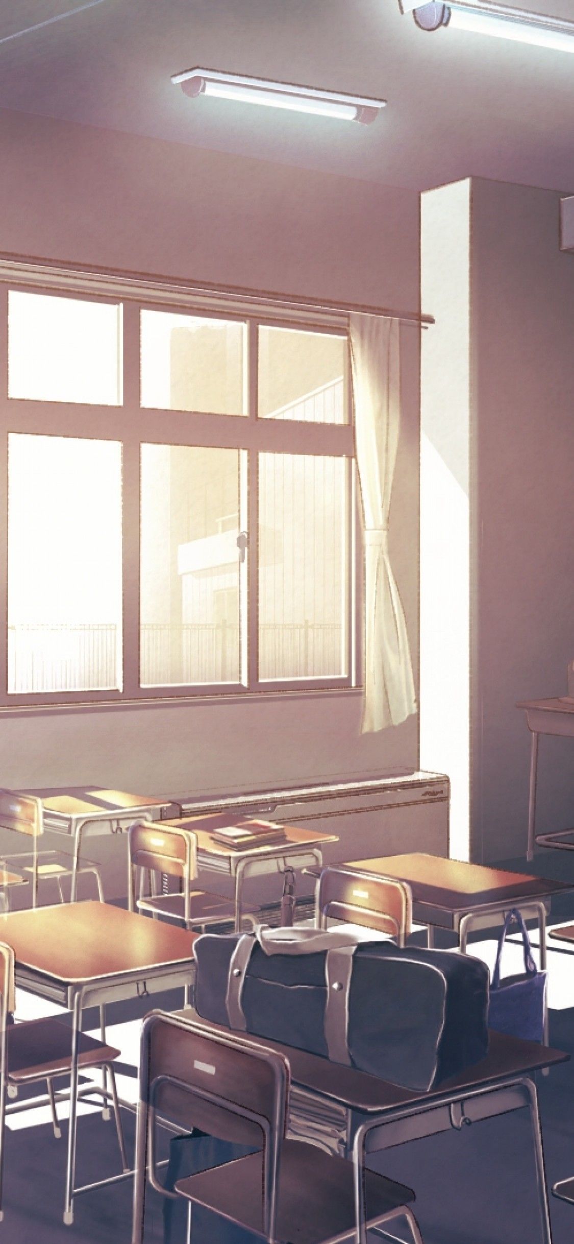 Download 1125x2436 Anime Classroom, Sunlight, Chairs, Scenic