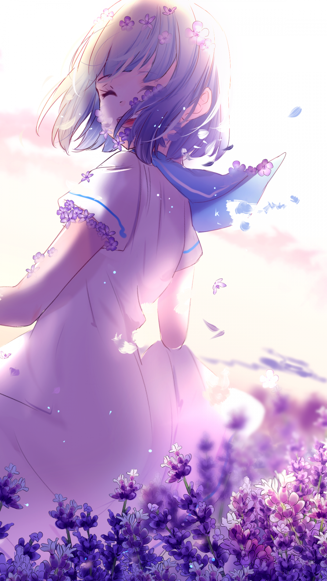 Wallpapers Anime girl, Lavender flowers, Purple, Spring, 4K, Anime.