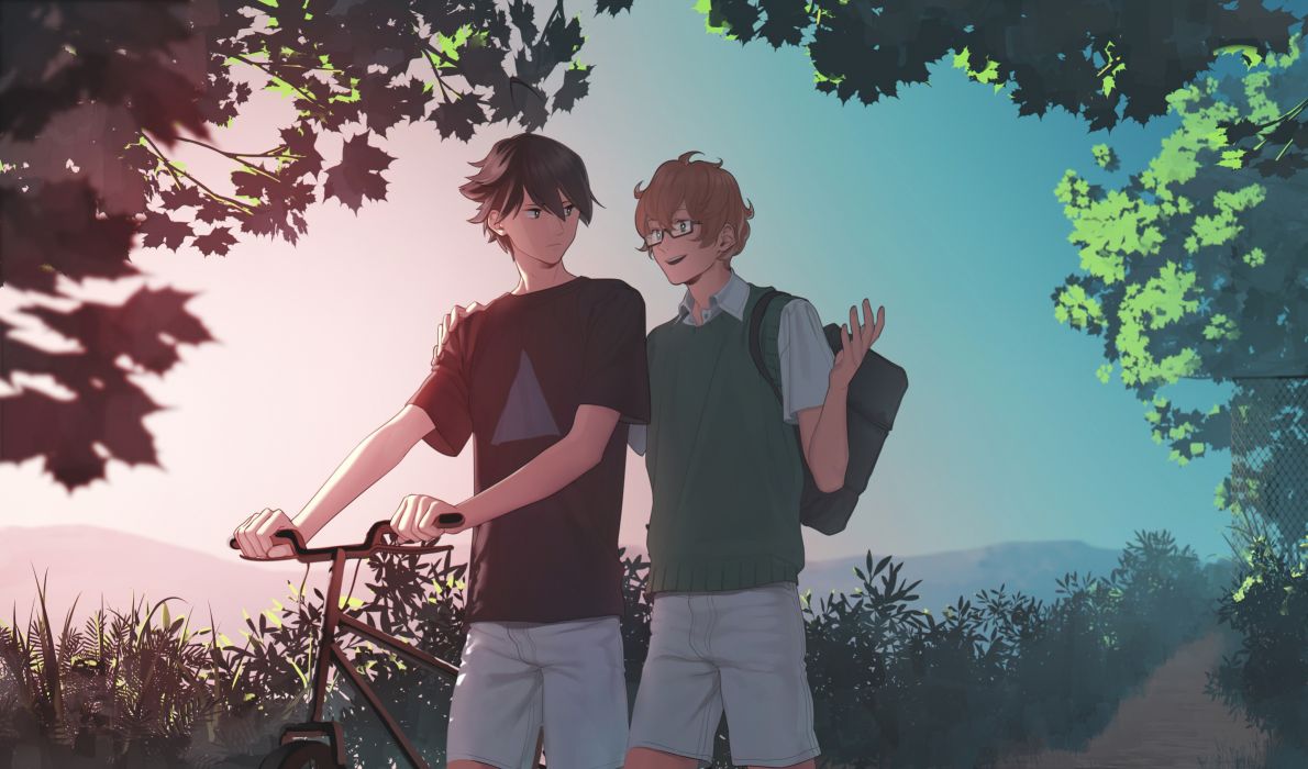 Anime boys friends bicycle walking glasses talking tree wallpaperx2412