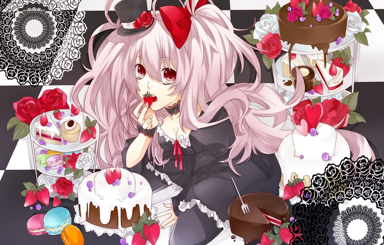 Wallpaper girl, flowers, heart, roses, hat, anime, cookies, strawberry, art, plug, bow, cakes, cakes, aonoe image for desktop, section арт
