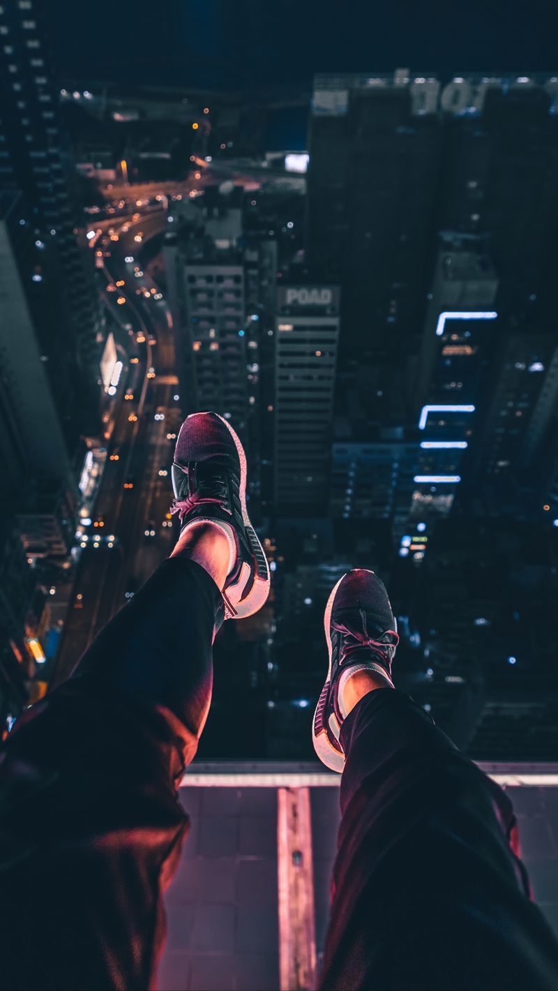 Download wallpaper 800x1420 night city, feet, aerial view
