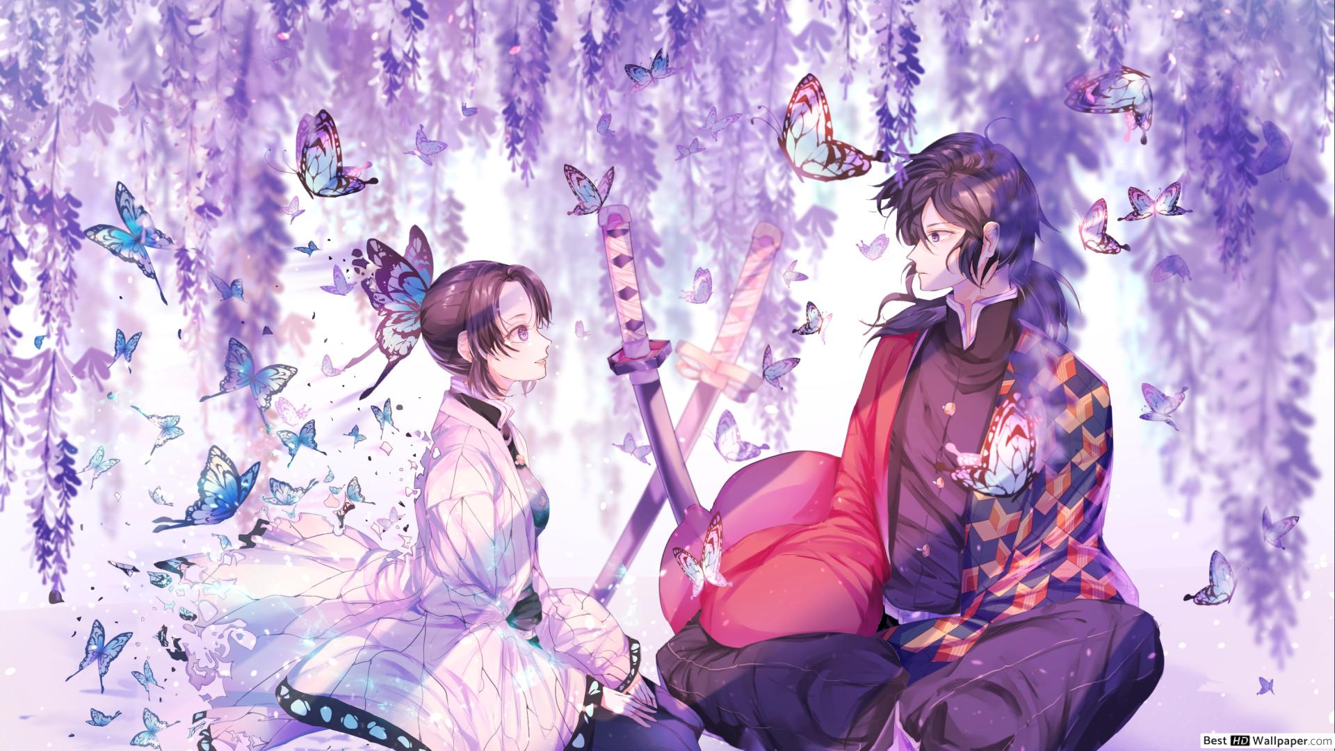 Hashira's Shinobu and Giyu with purple Wisteria and butterflies