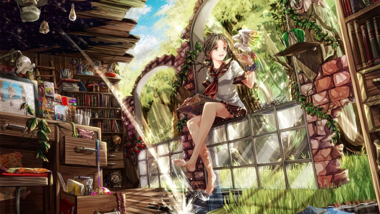 Anime girl fantasy world sitting bird books artist water wallpaper