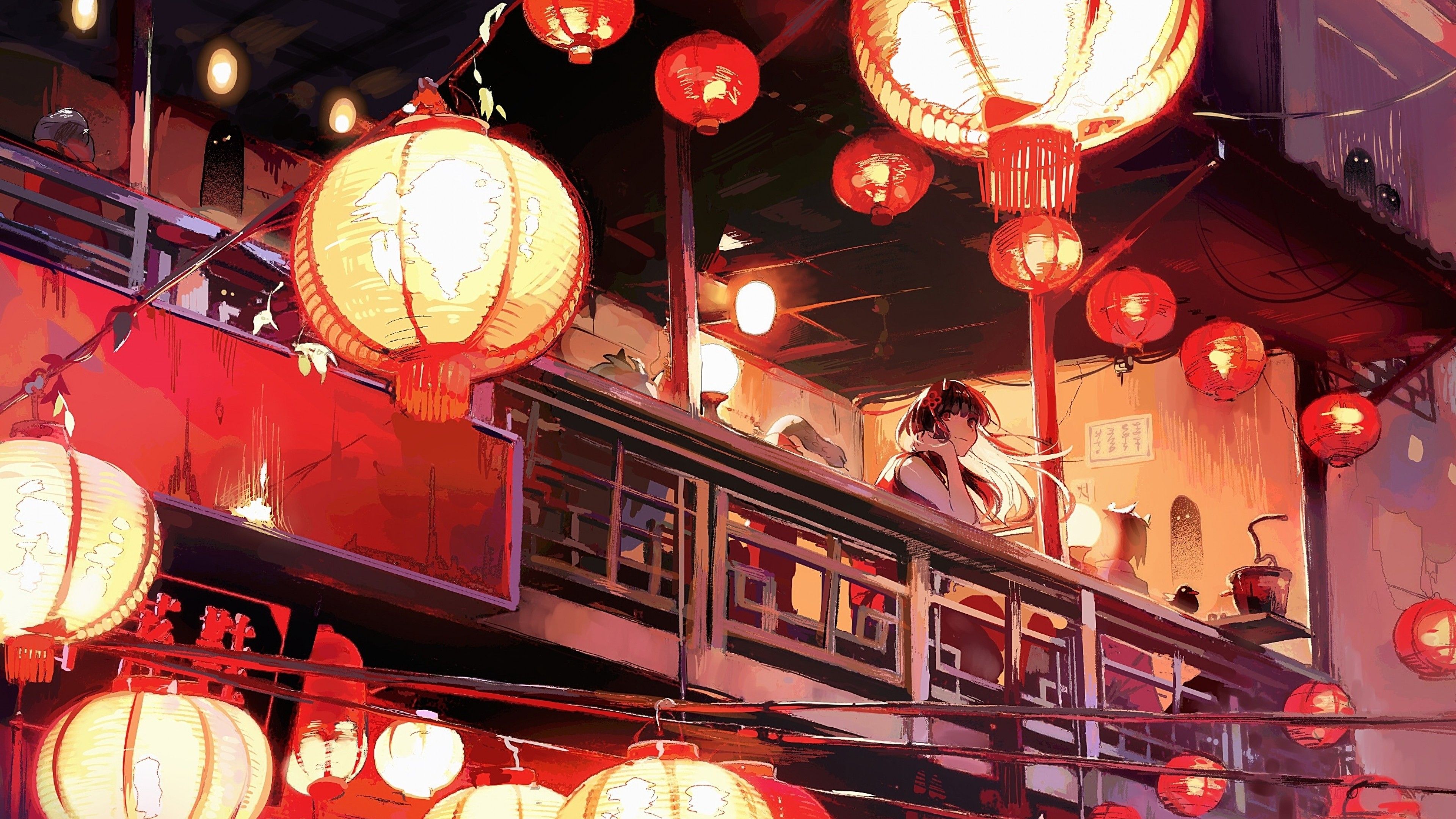 Download 3840x2160 Japanese Building, Anime Girl, Lanterns, Horns