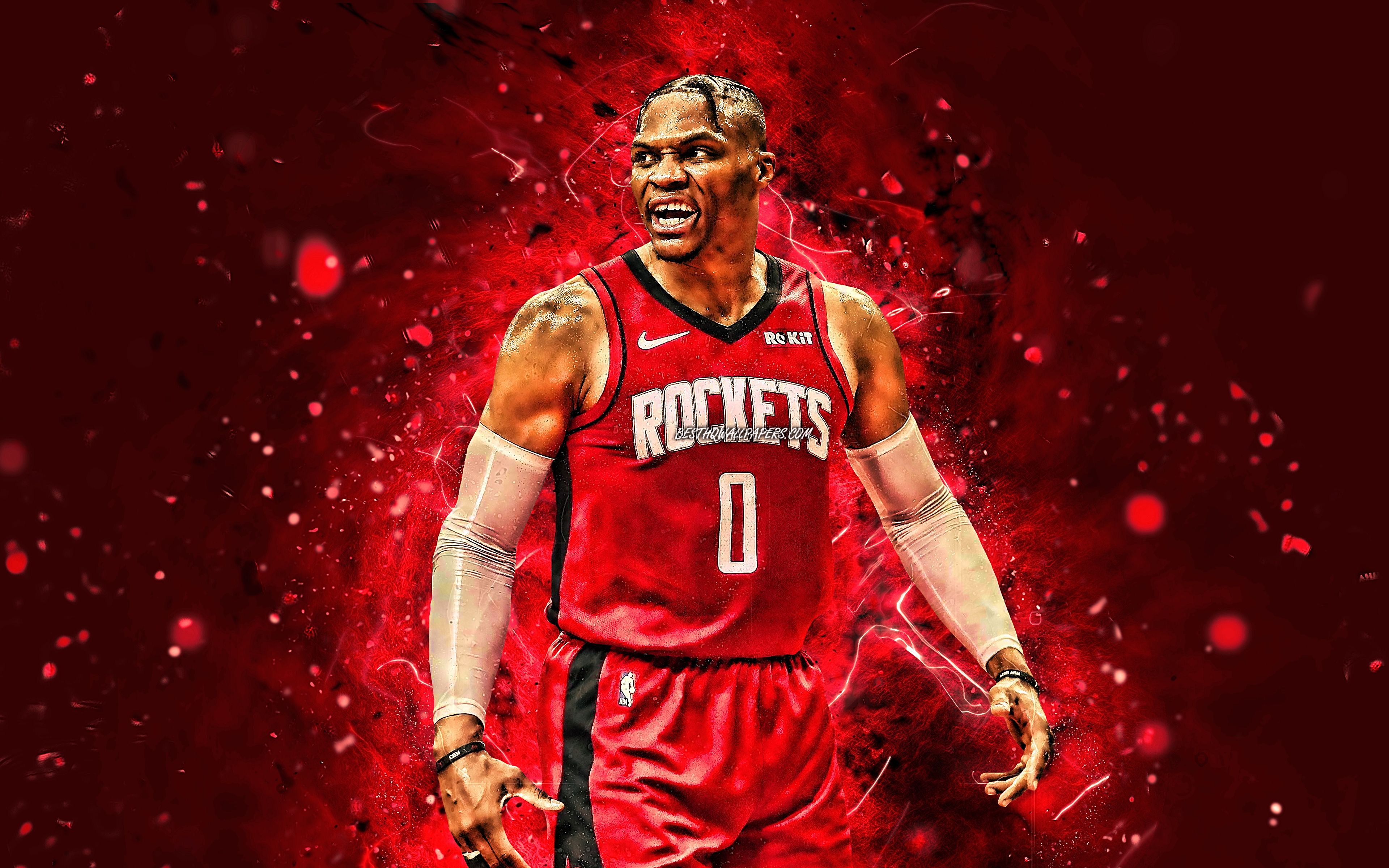 Download wallpaper Russell Westbrook, 4k, Houston Rockets, NBA, red neon lights, basketball stars, Russell Westbrook III, basketball, USA, Russell Westbrook Houston Rockets, creative, Russell Westbrook 4K for desktop with resolution 3840x2400