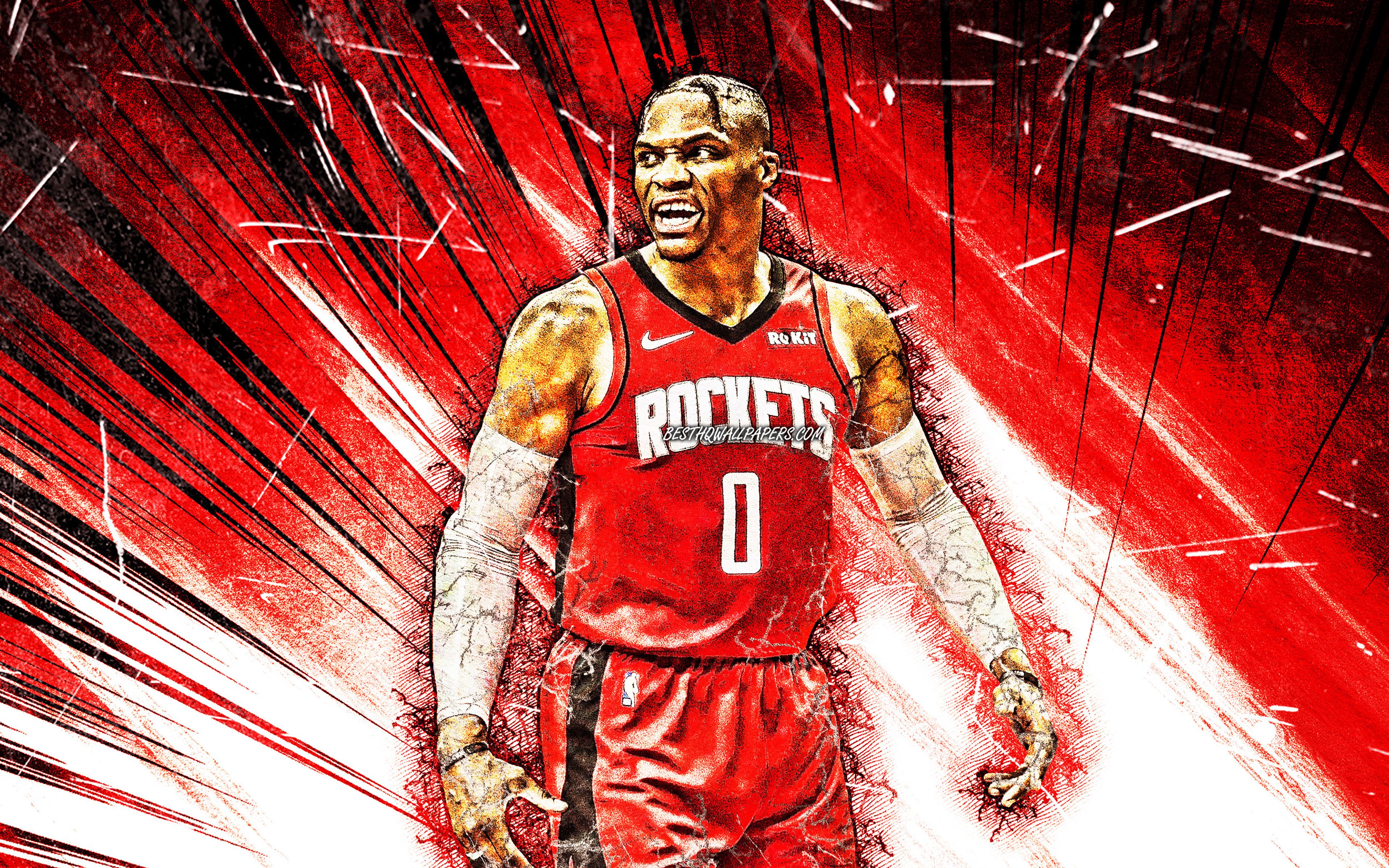 Download wallpaper 4k, Russell Westbrook, grunge art, Houston Rockets, NBA, red astract rays, basketball stars, Russell Westbrook III, basketball, USA, Russell Westbrook Houston Rockets, creative, Russell Westbrook 4K for desktop with