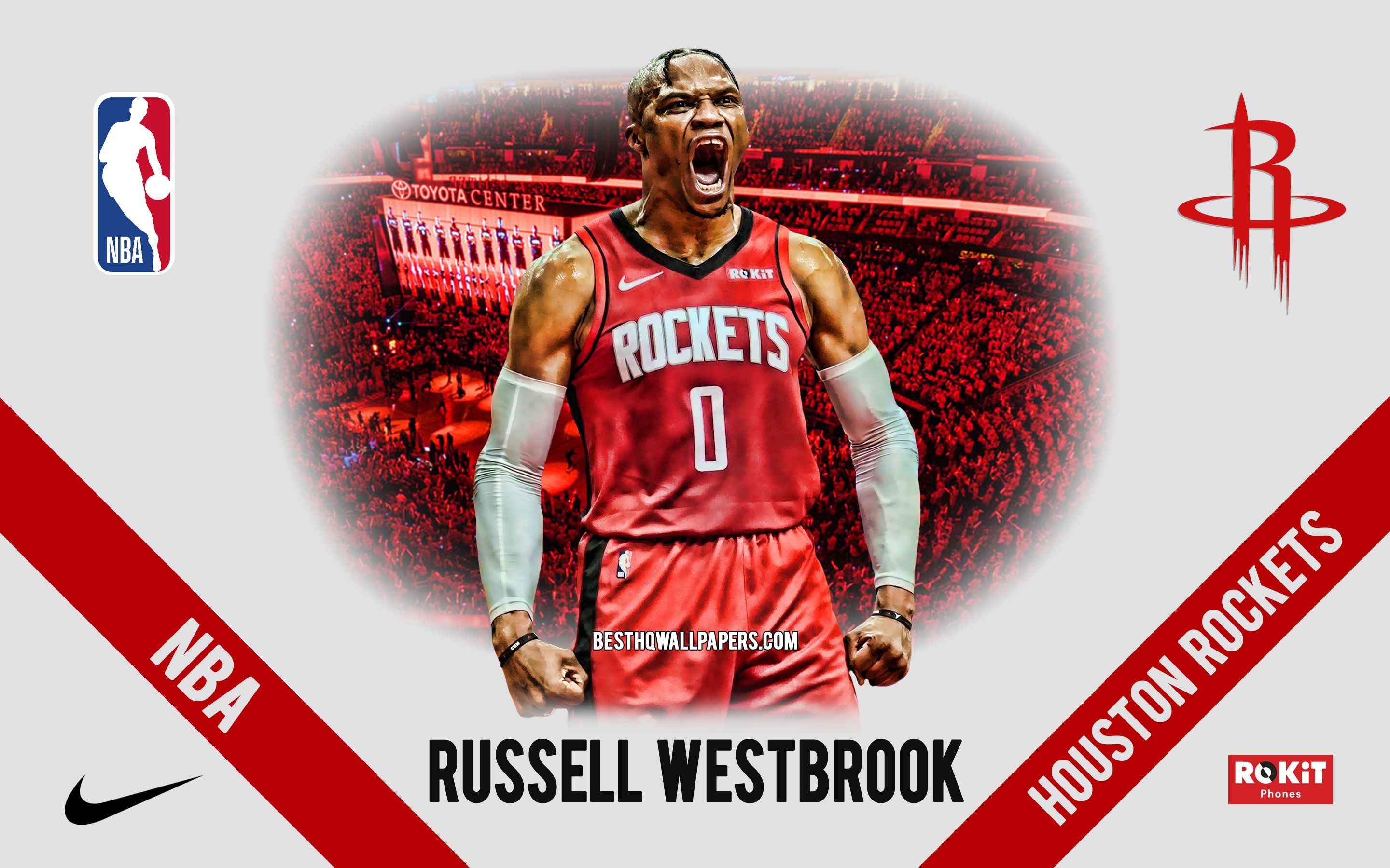 Download wallpaper Russell Westbrook, Houston Rockets, American Basketball Player, NBA, portrait, USA, basketball, Toyota Center, Houston Rockets logo for desktop with resolution 2880x1800. High Quality HD picture wallpaper