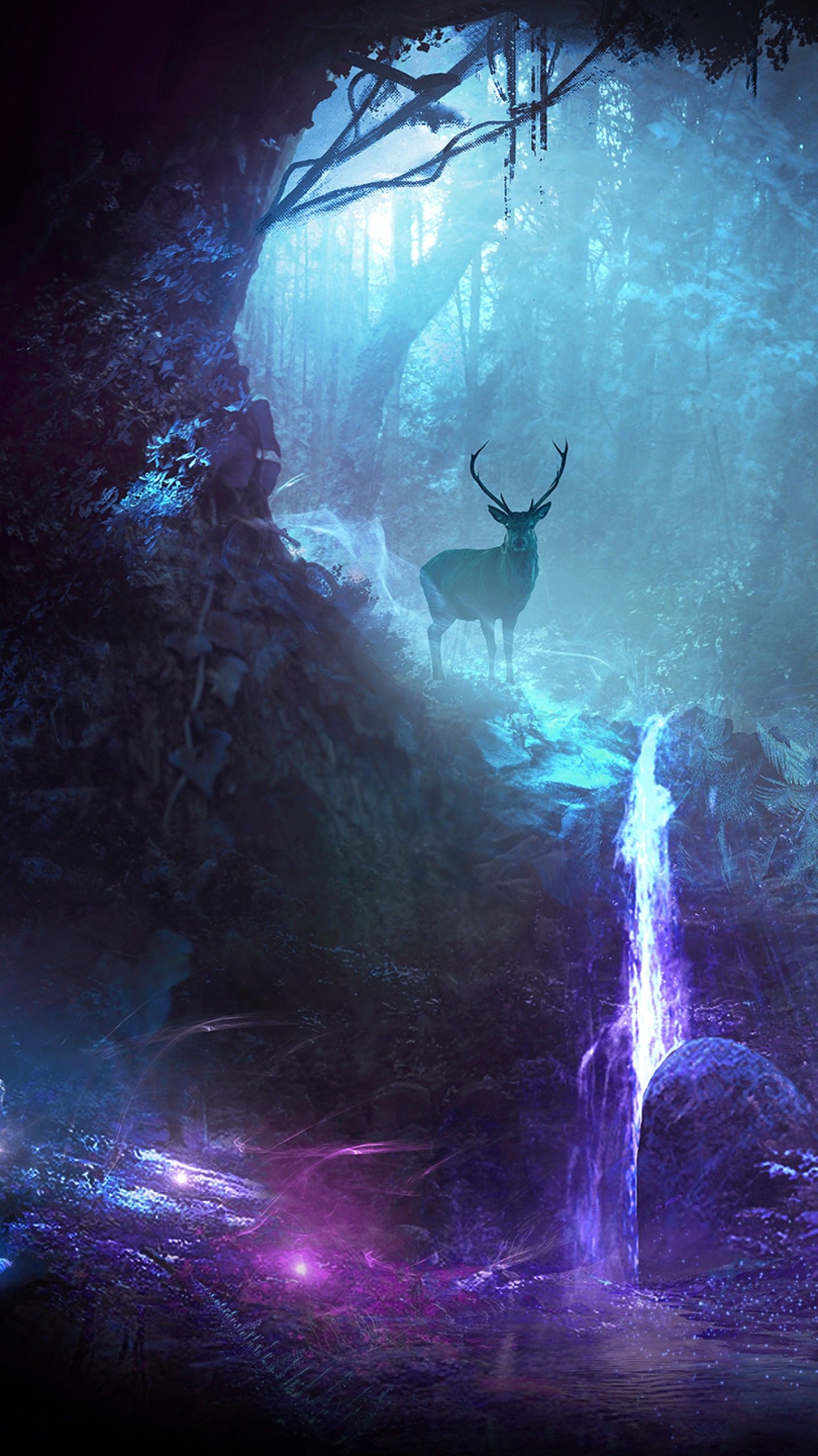 Wallpaper Deer, Waterfall, Surreal, Neon, CGI, HD, Abstract