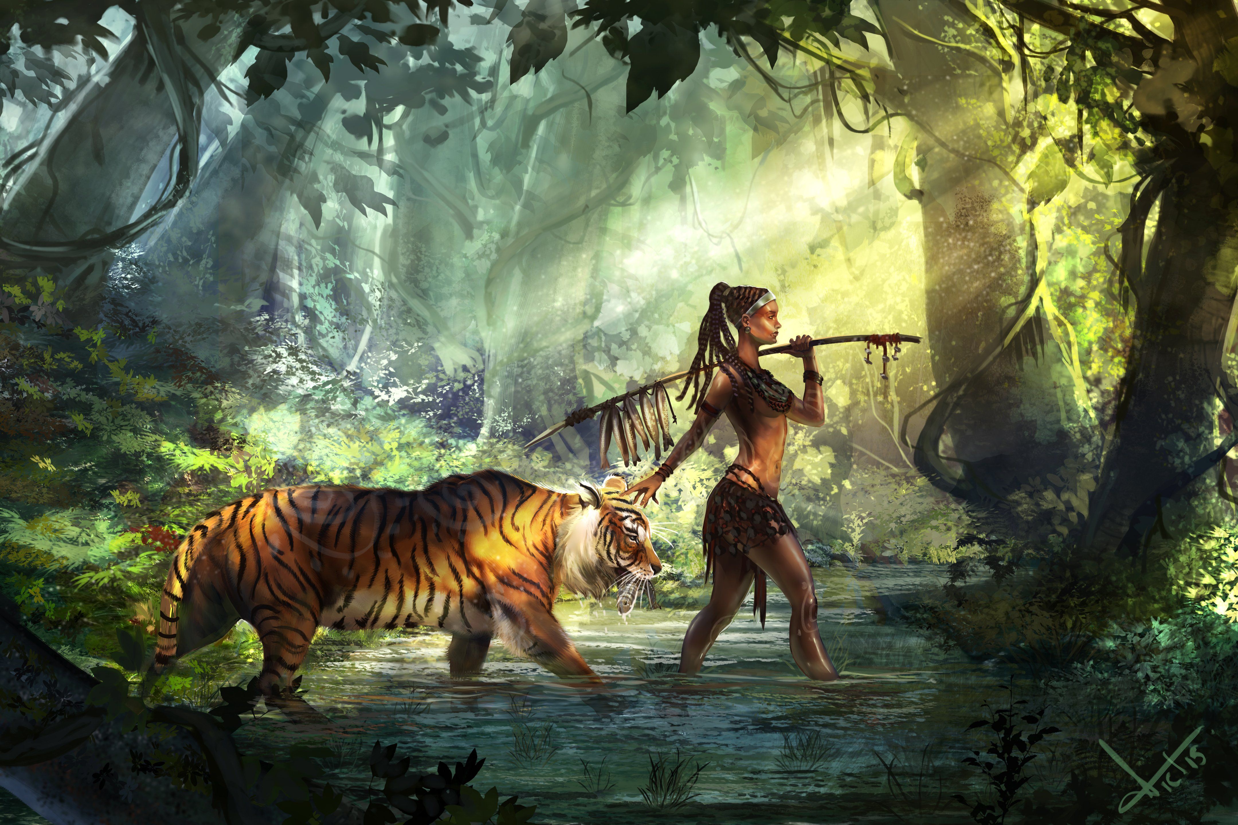 Women warrior fantasy girl art artwork girl tiger wallpaper