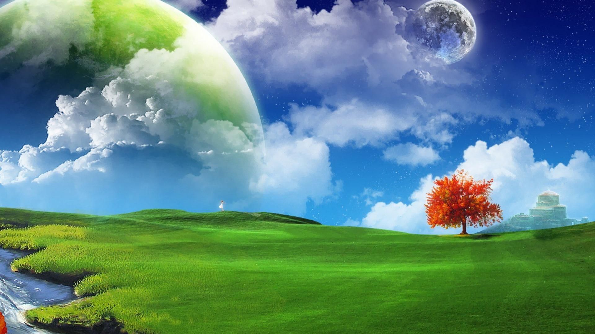 Amazing combination of clouds tree and Grass. HD
