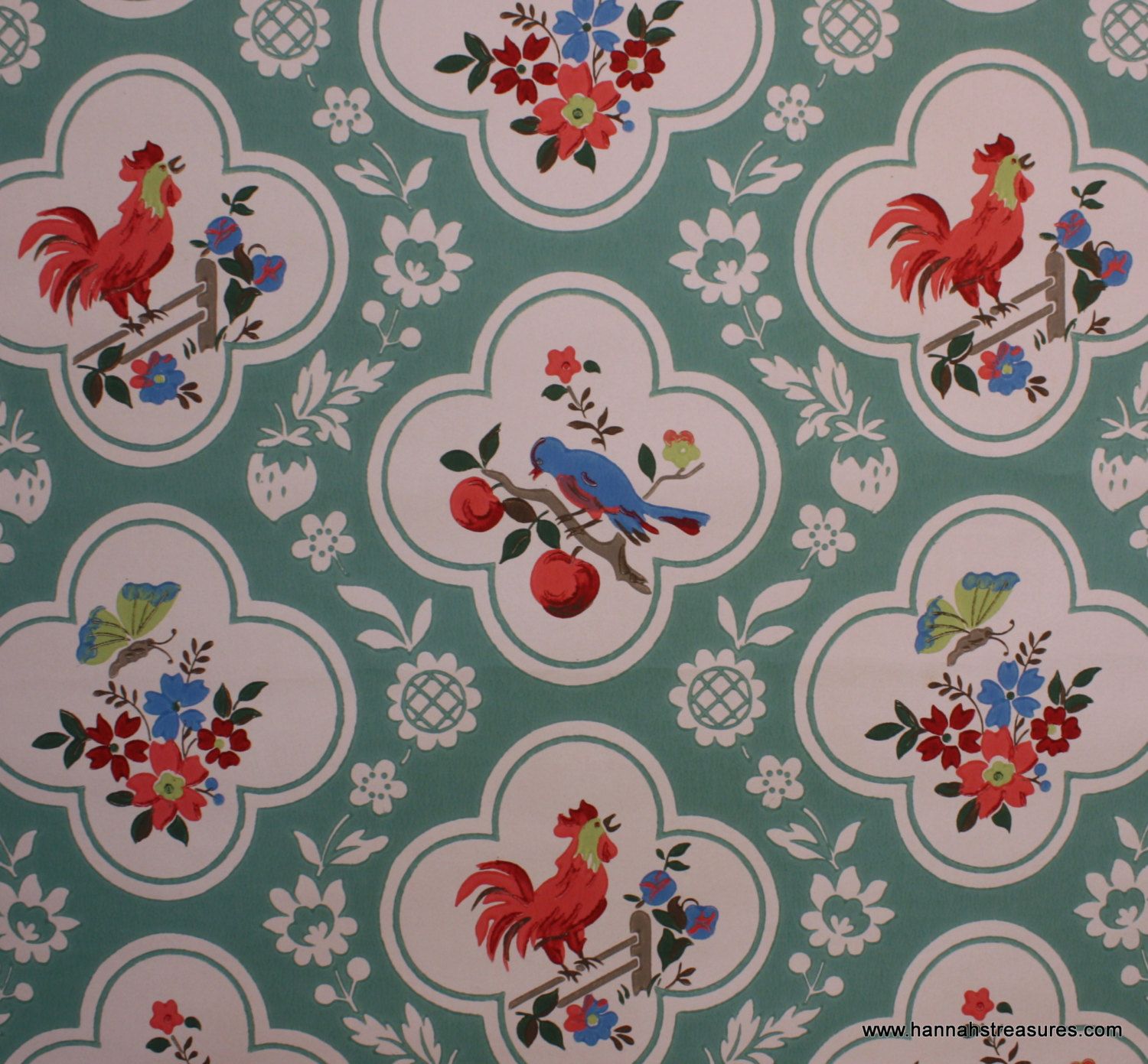 1940's Vintage Wallpaper Red and Aqua with birds cherries roosters