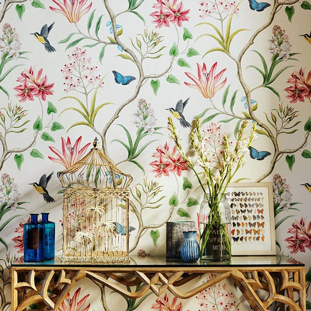 Blooming Wall Vintage Fresh Floral Birds Wallpaper Wall
