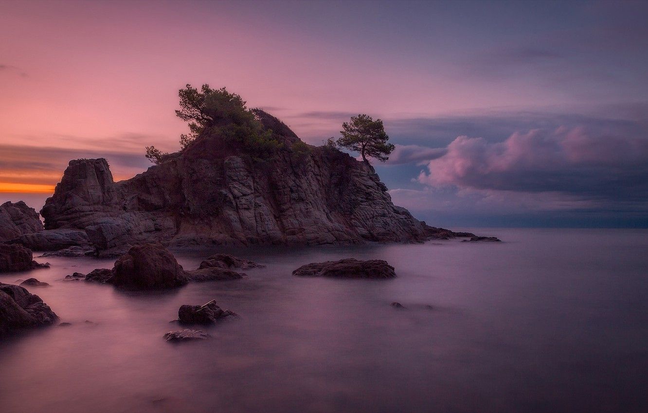 Wallpaper sea, sunset, rocks, Spain, Spain, Catalonia, The Mediterranean sea, Costa Brava, Catalonia, Mediterranean Sea, Costa Brava image for desktop, section пейзажи