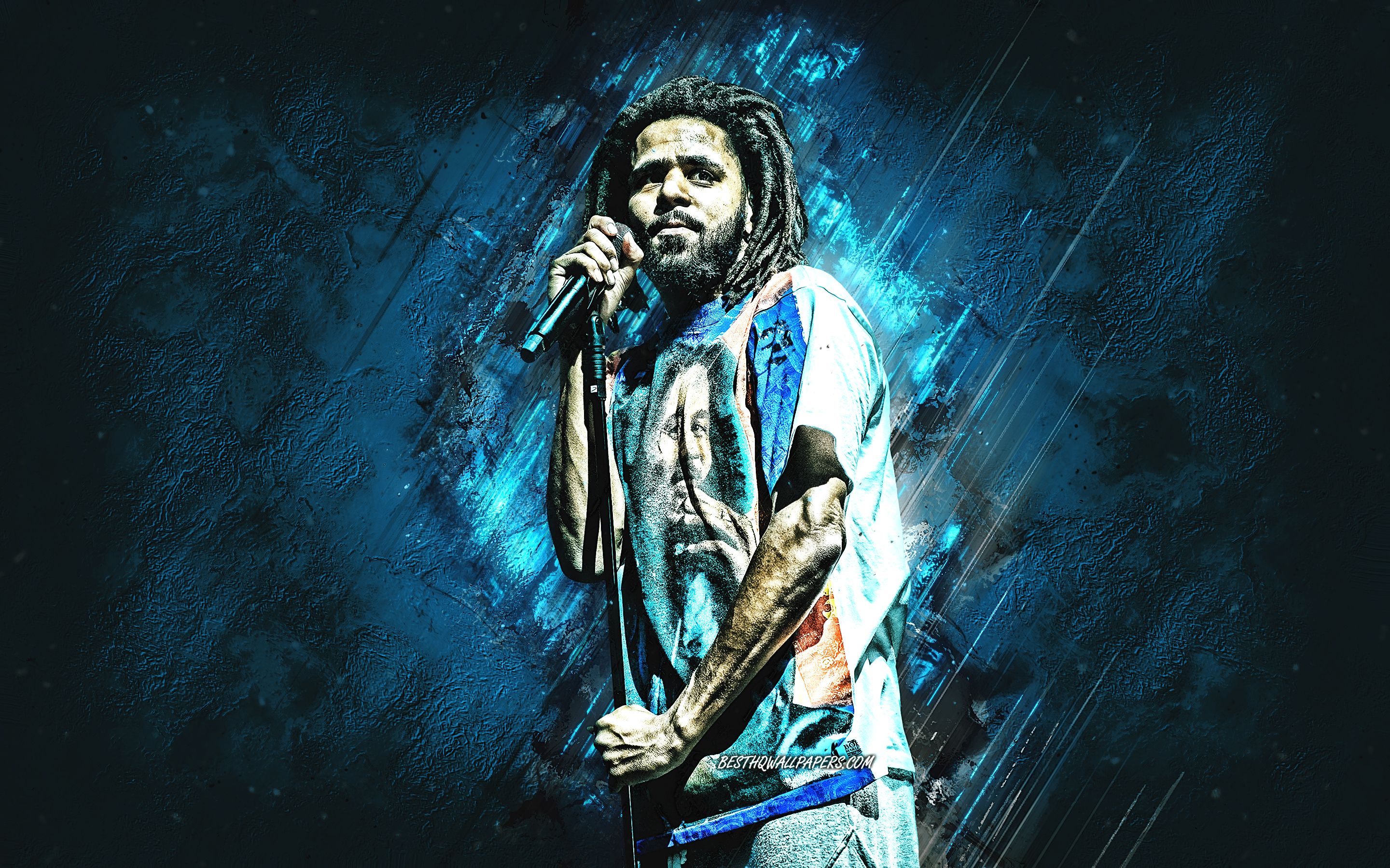 Download wallpaper J Cole, american rapper, portrait, blue stone
